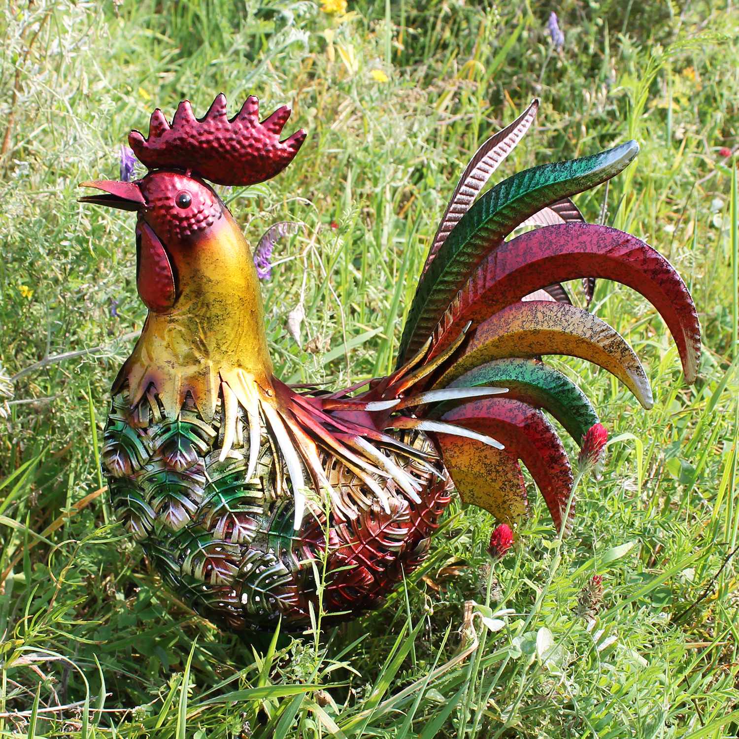 Deko Hahn Deko Henne für den Garten aus Metall handbemalt – große Metallfiguren in bunt für Innen- und Außenbereich