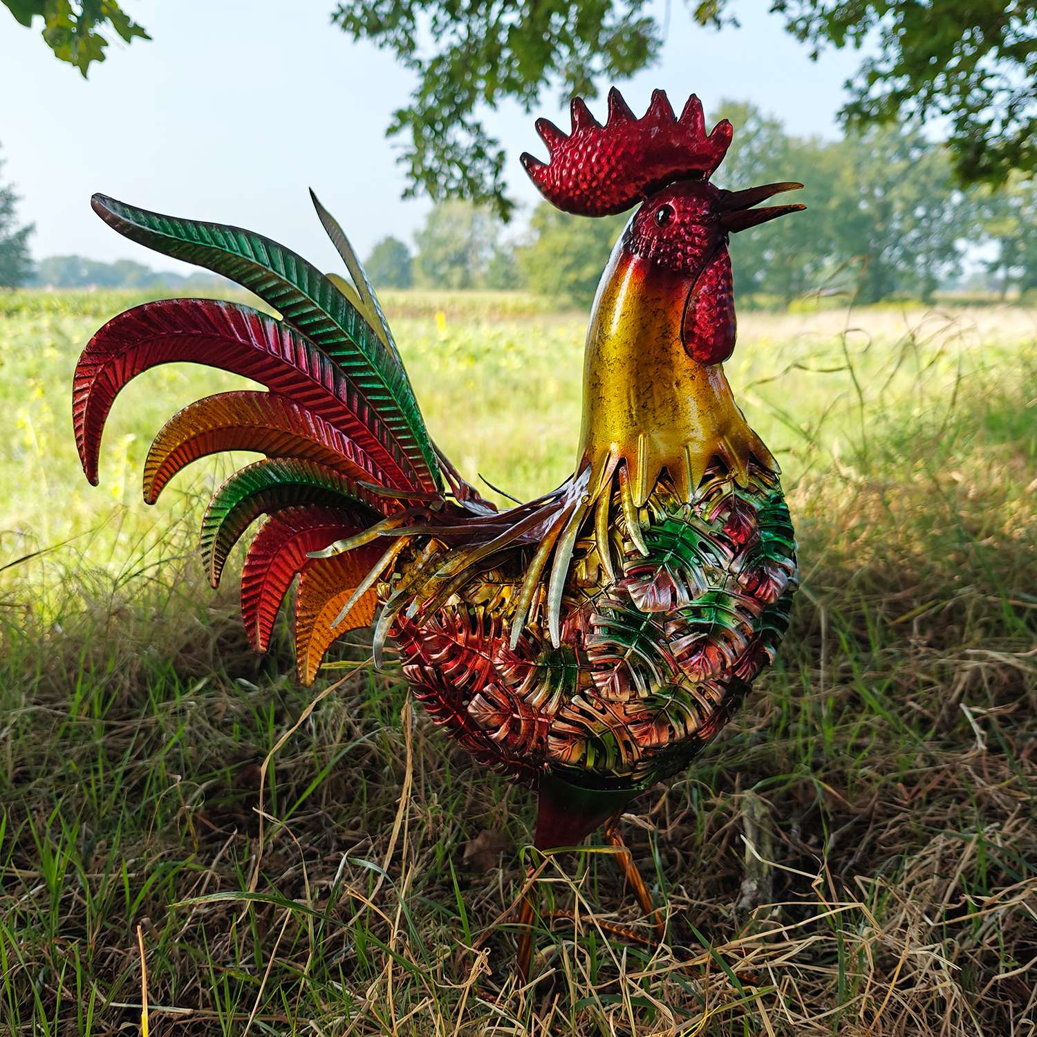 Deko Hahn Deko Henne für den Garten aus Metall handbemalt – große Metallfiguren in bunt für Innen- und Außenbereich