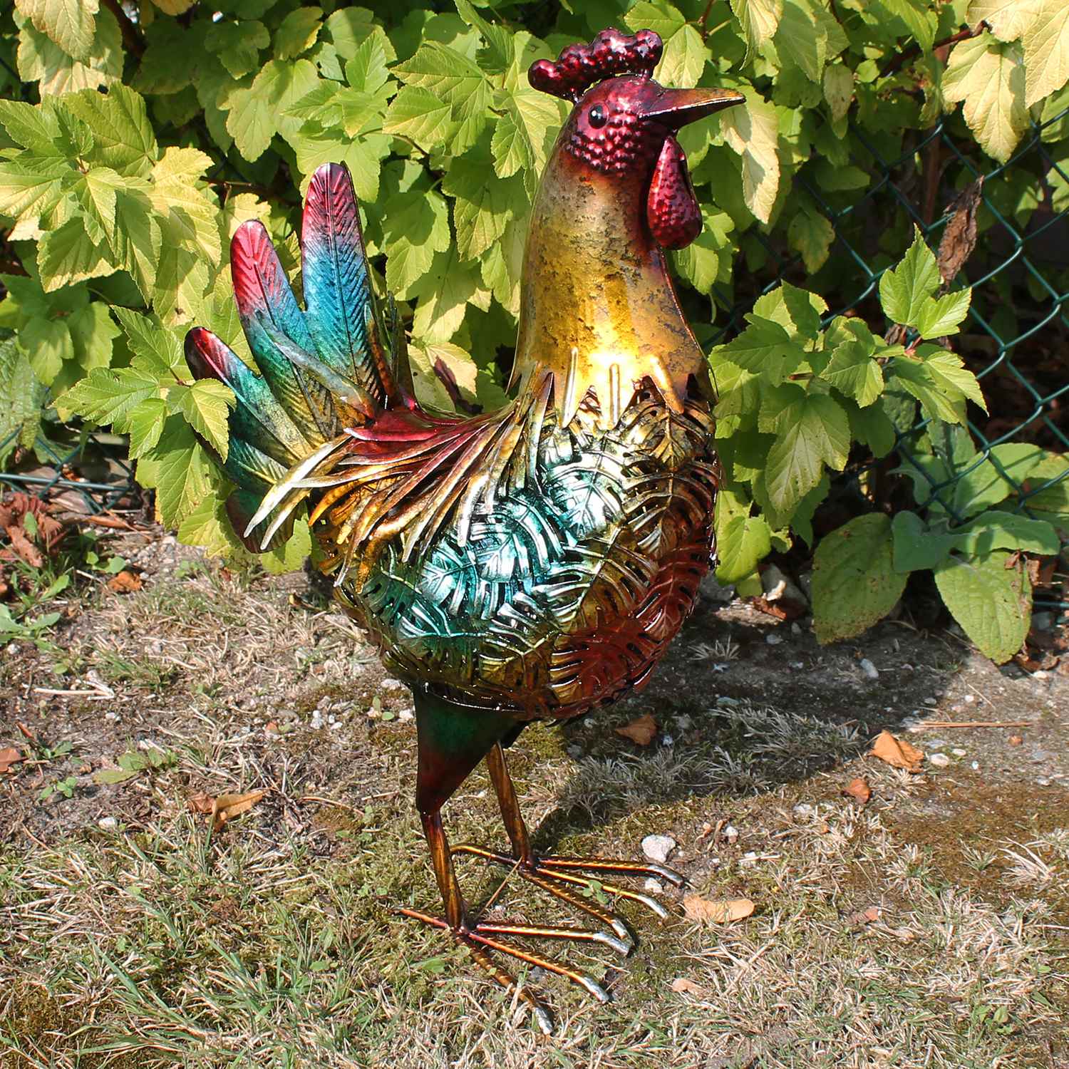 Deko Hahn Deko Henne für den Garten aus Metall handbemalt – große Metallfiguren in bunt für Innen- und Außenbereich