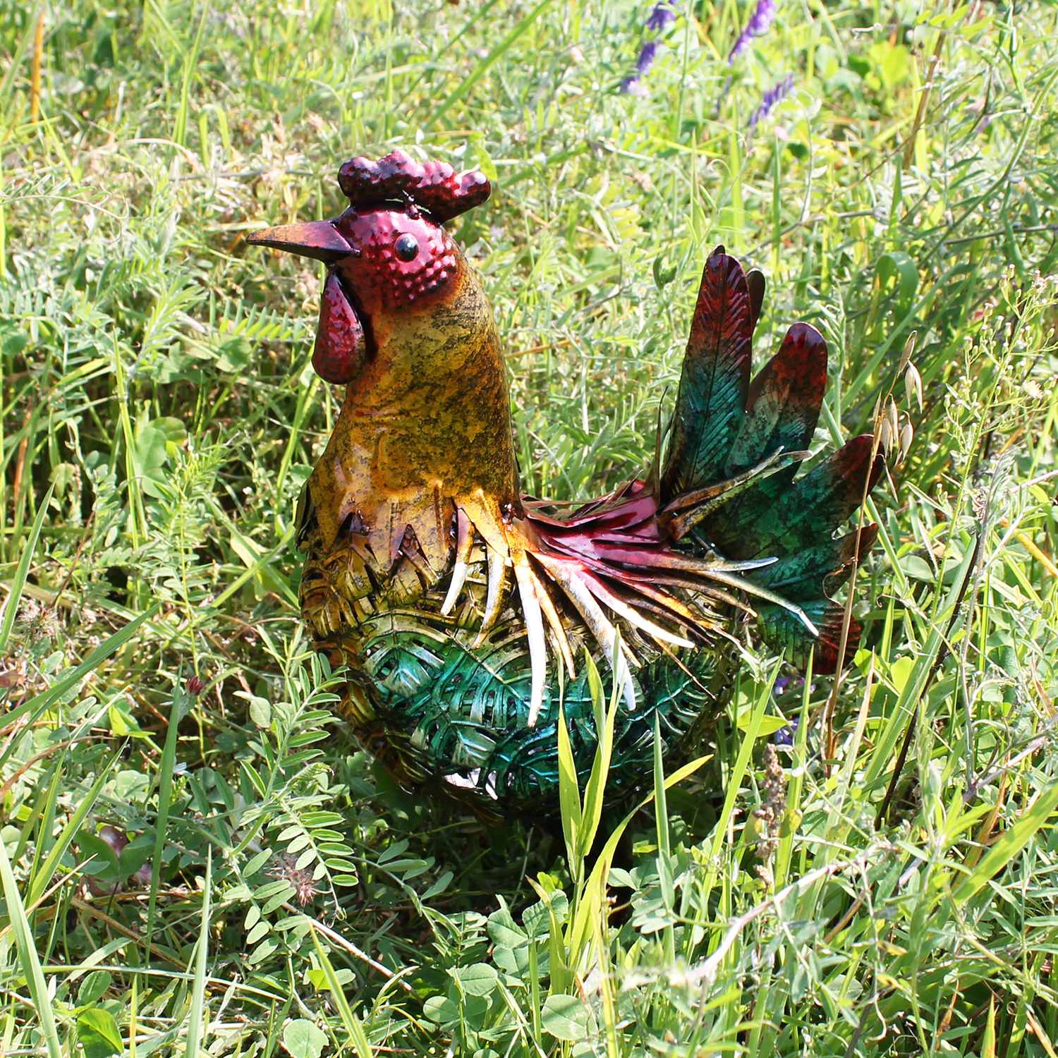 Deko Hahn Deko Henne für den Garten aus Metall handbemalt – große Metallfiguren in bunt für Innen- und Außenbereich
