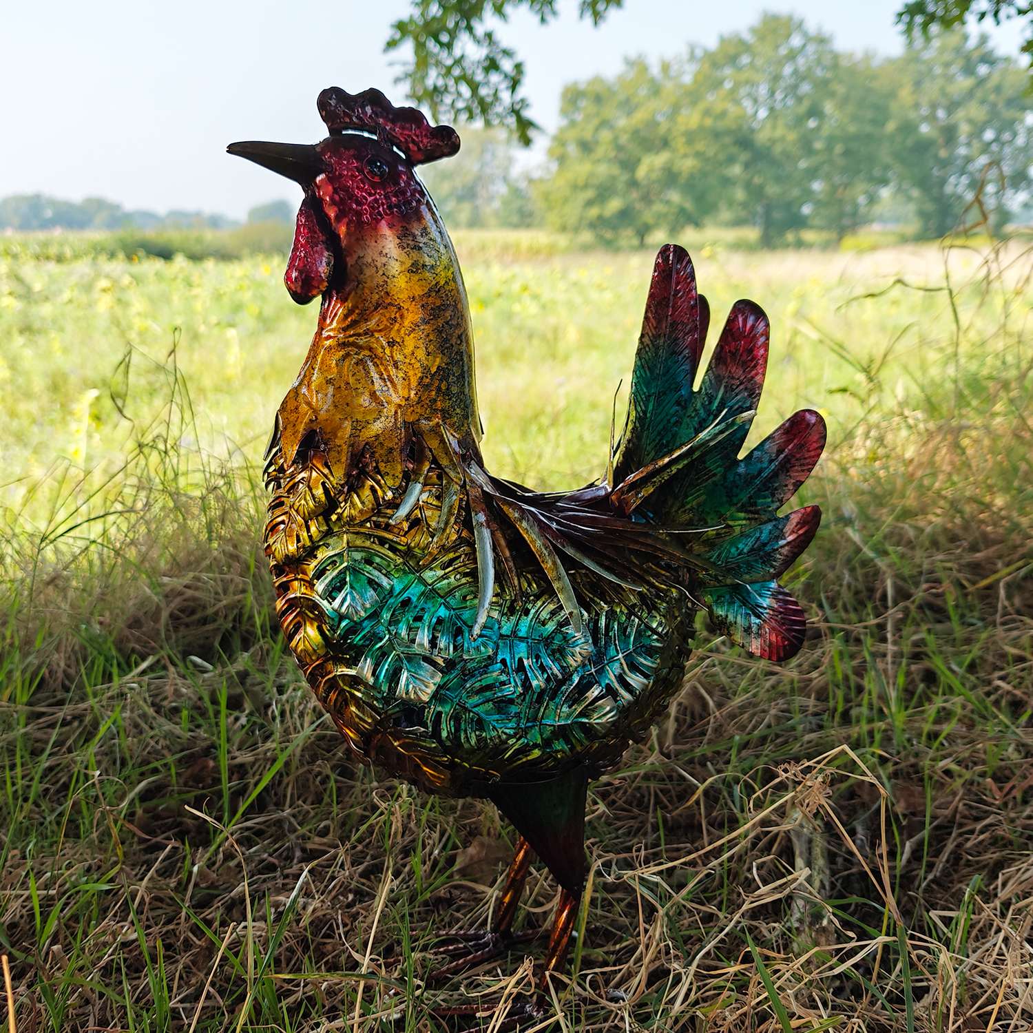 Deko Hahn Deko Henne für den Garten aus Metall handbemalt – große Metallfiguren in bunt für Innen- und Außenbereich