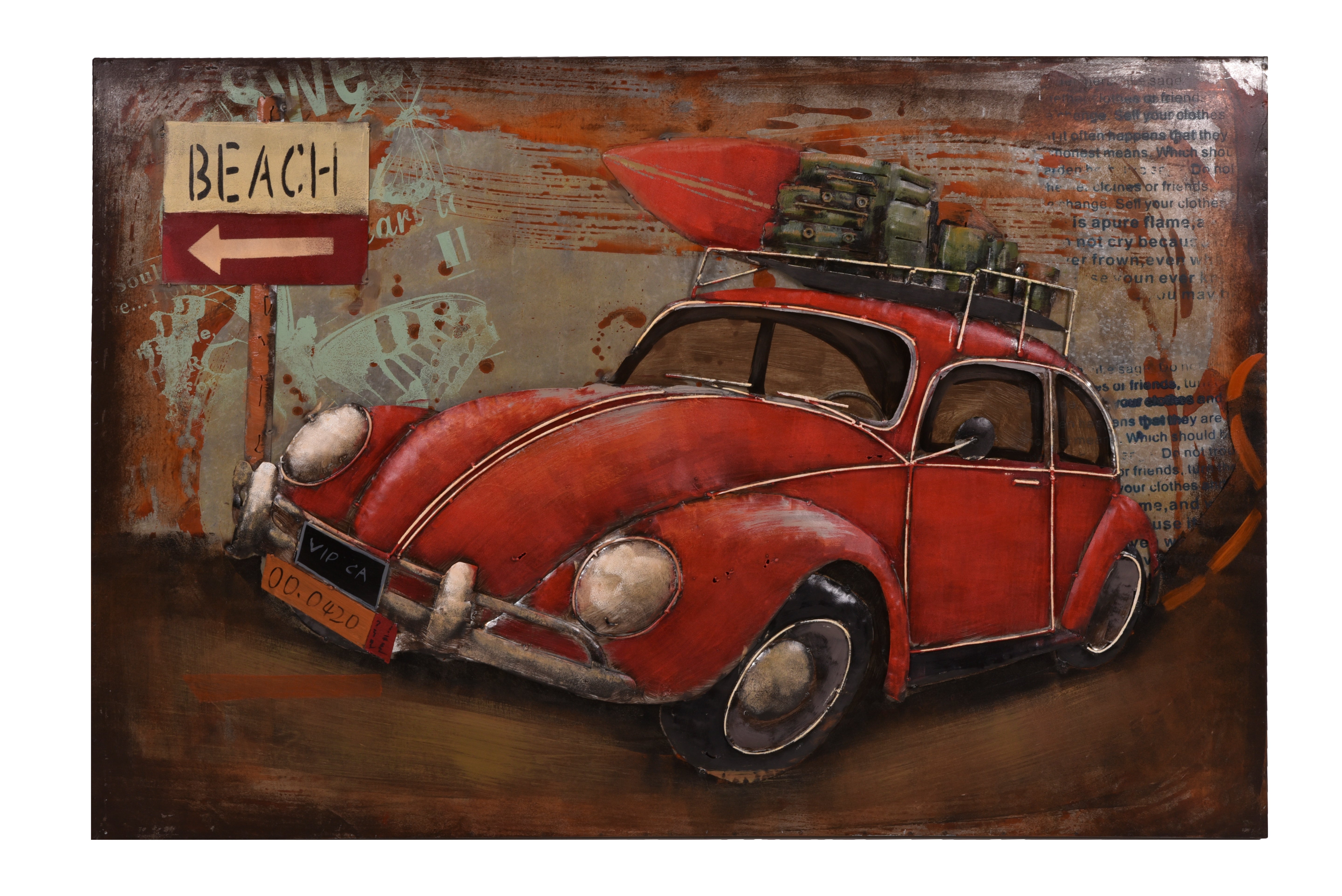 3D Metallbild Auto mit Gepäck Wandbild Oldtimer Metall-Wanddeko Vintage-Auto-Bild Interia Home & Living