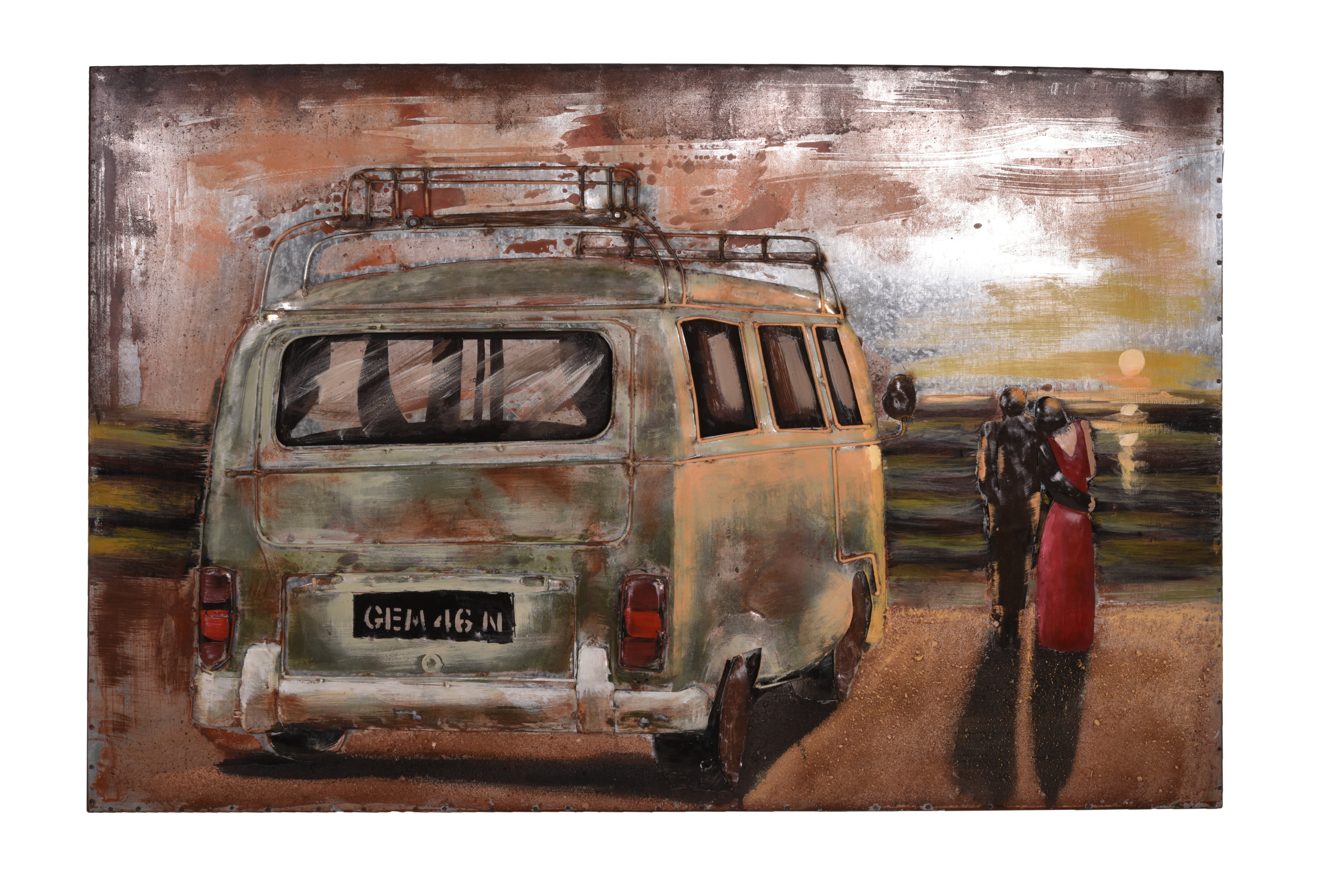 3D Metallbild Bulli mit Pärchen Wanddeko Retro-Bild VW Bus Bild romantisch Interia Home & Living