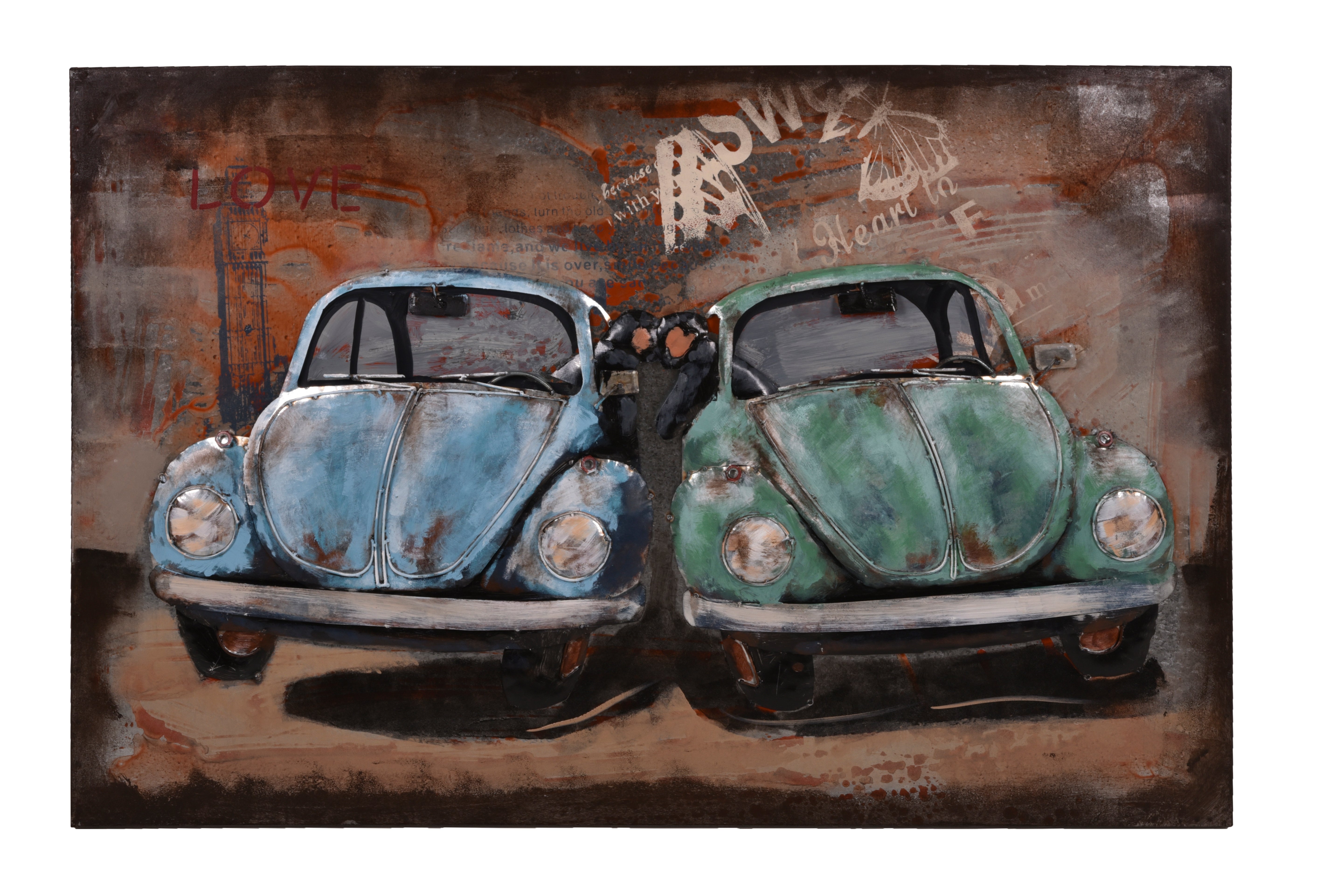 3D Metallbild blaue Autos mit Pärchen Wandbild Vintage-Deko 3D-Wandkunst romantisch Interia Home & Living