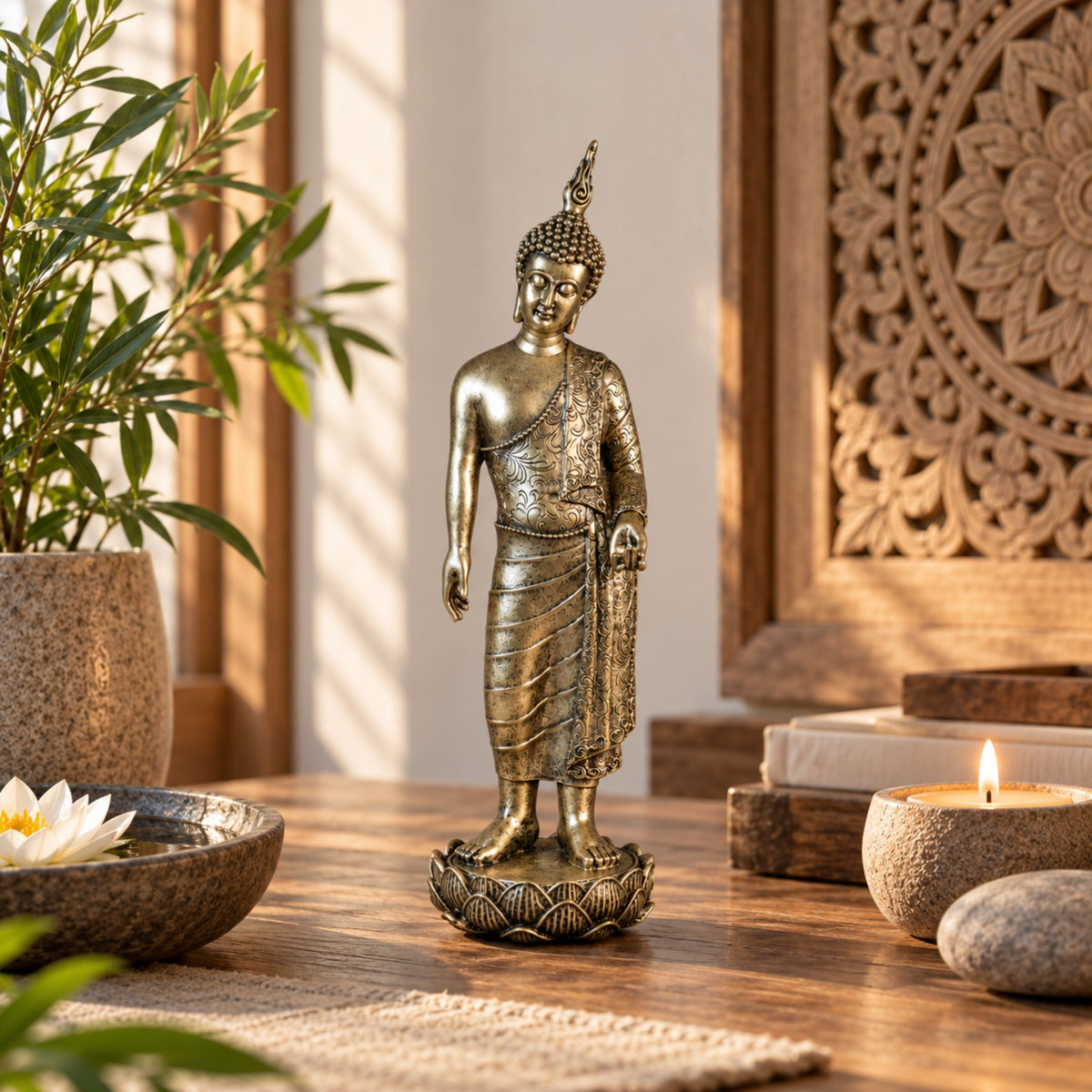 Buddha Figur stehend Gold Deko Buddha Skulptur für Wohnzimmer und Meditationsecke
