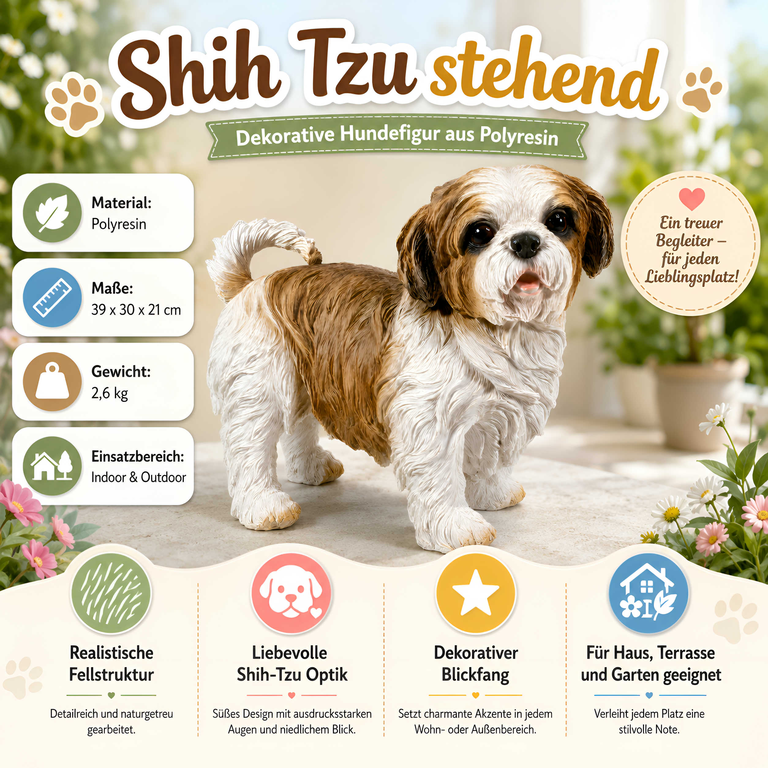 Shih Tzu Hundefigur lebensecht, Deko Hund für Haus & Garten in verschiedenen Größen, Farben & Posen