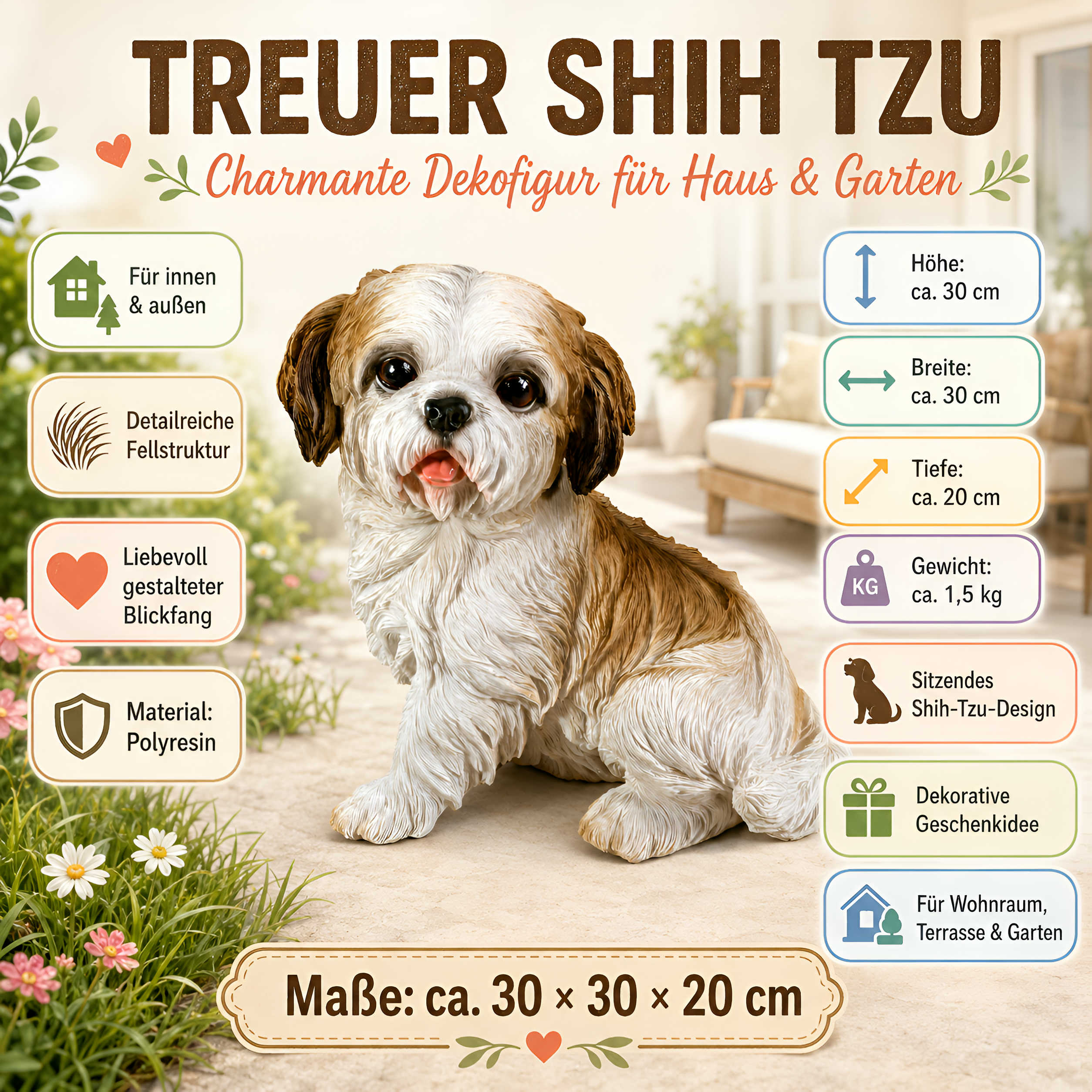 Shih Tzu Hundefigur lebensecht, Deko Hund für Haus & Garten in verschiedenen Größen, Farben & Posen