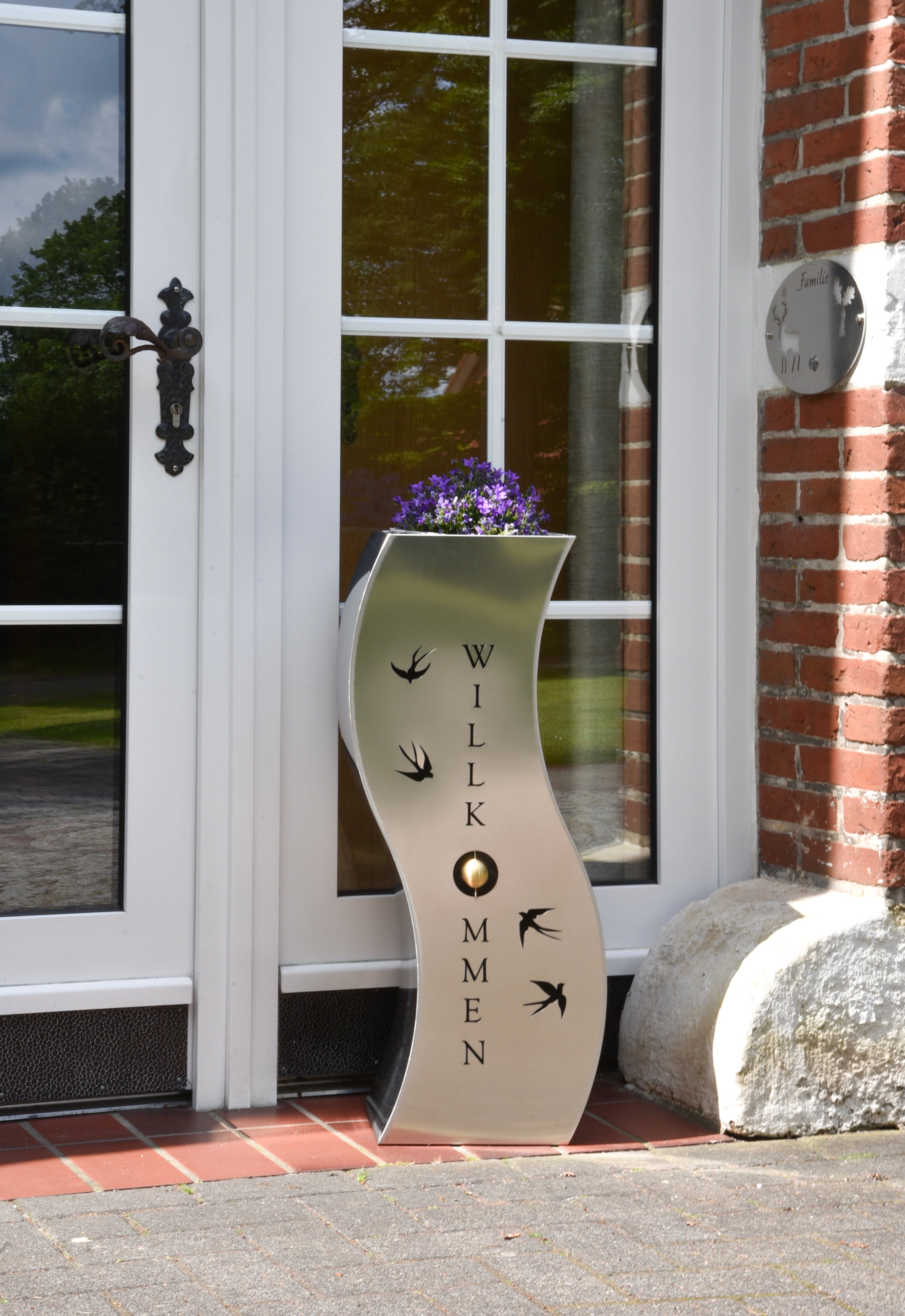 Pflanzsäule SCHWALBE Dekosäule Blumenständer Edelstahl Willkommen-Schild Garden Pleasure