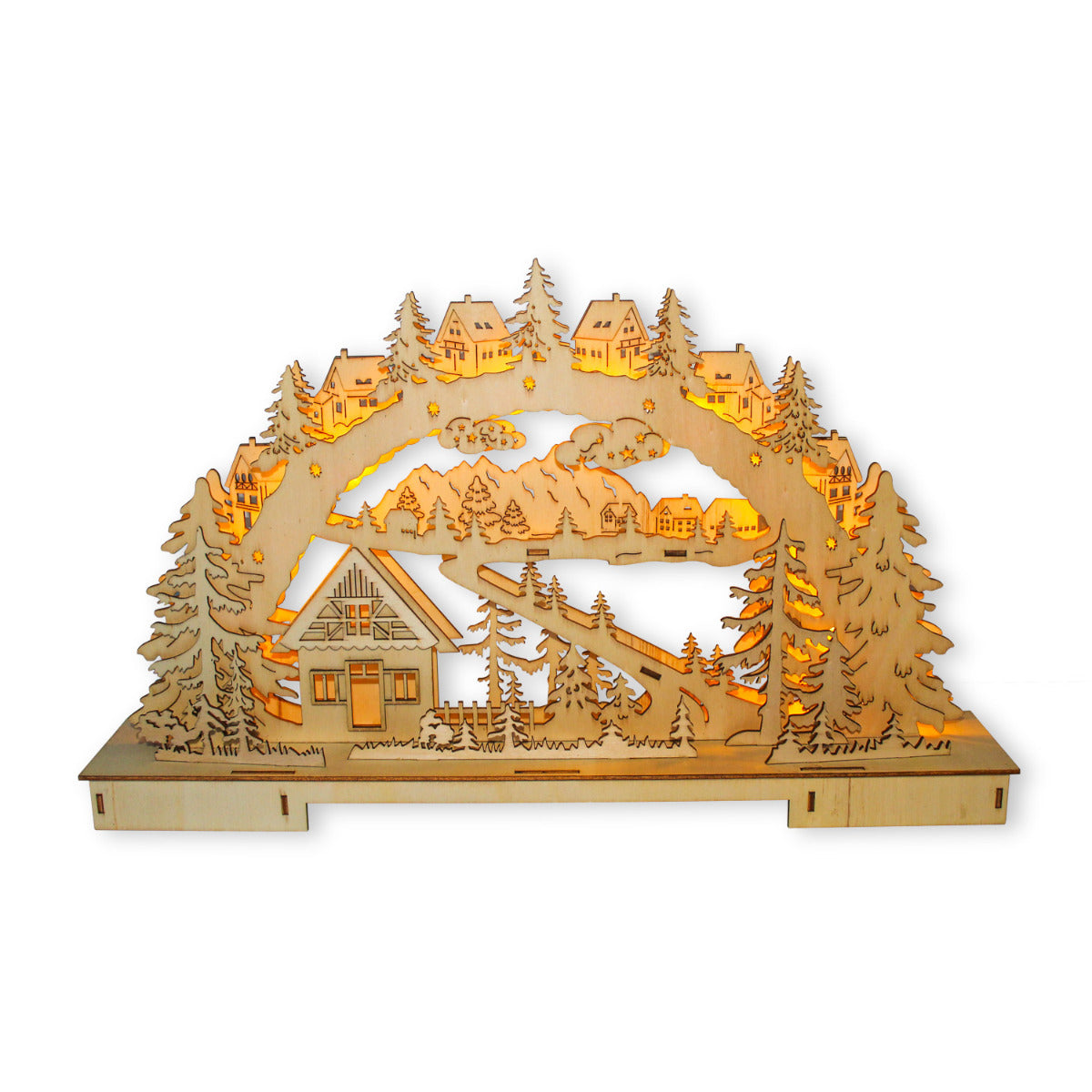 Schwibbogen LED Lichterbogen Weihnachtslandschaft Stimmungsbogen mit 11 LEDs 45cm Holz