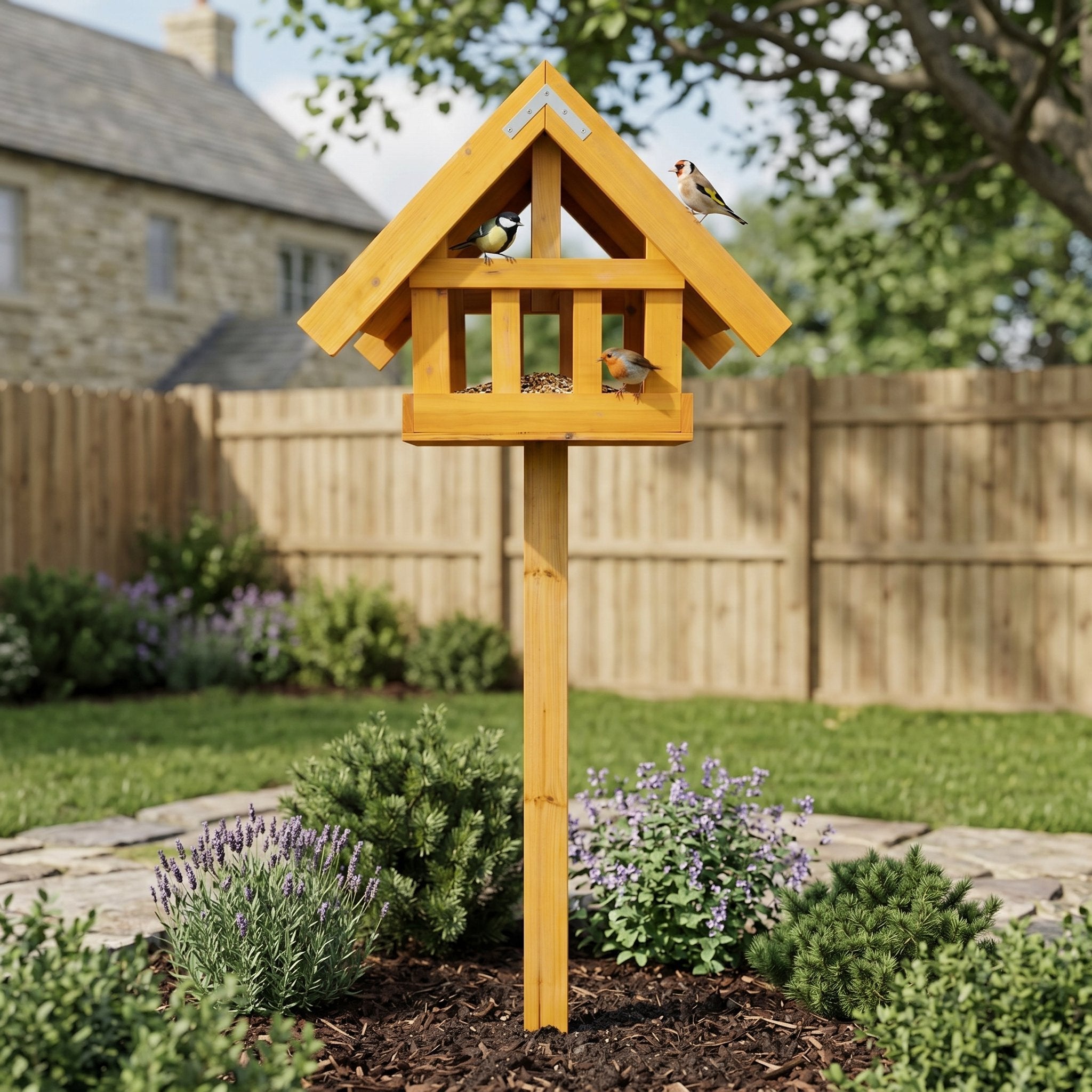 Vogelfutterhaus mit Ständer aus Holz wetterfest für Garten & Wildvögel