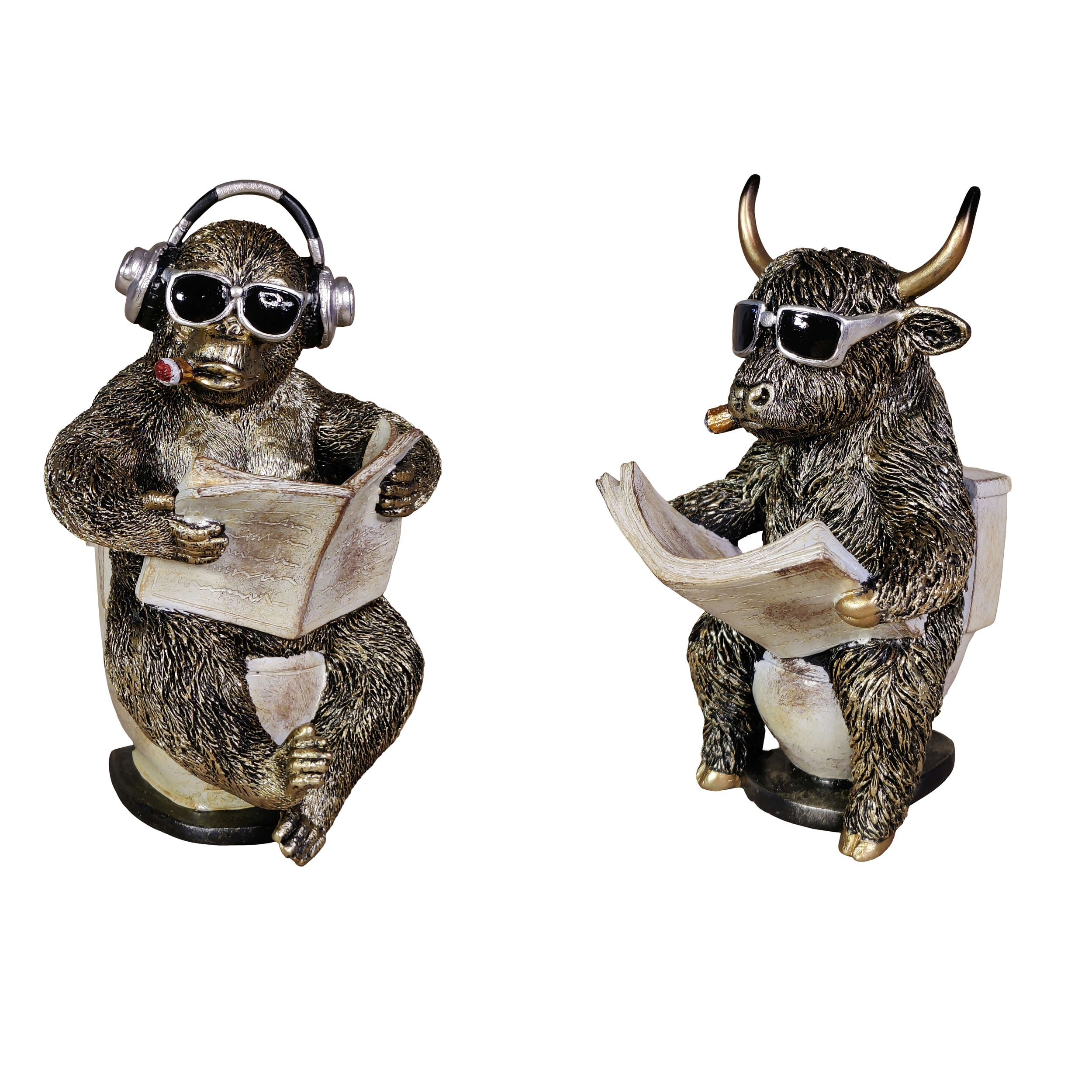 Tierfigur mit Zeitung Deko Kuh Figur oder Affenfigur auf Toilette
