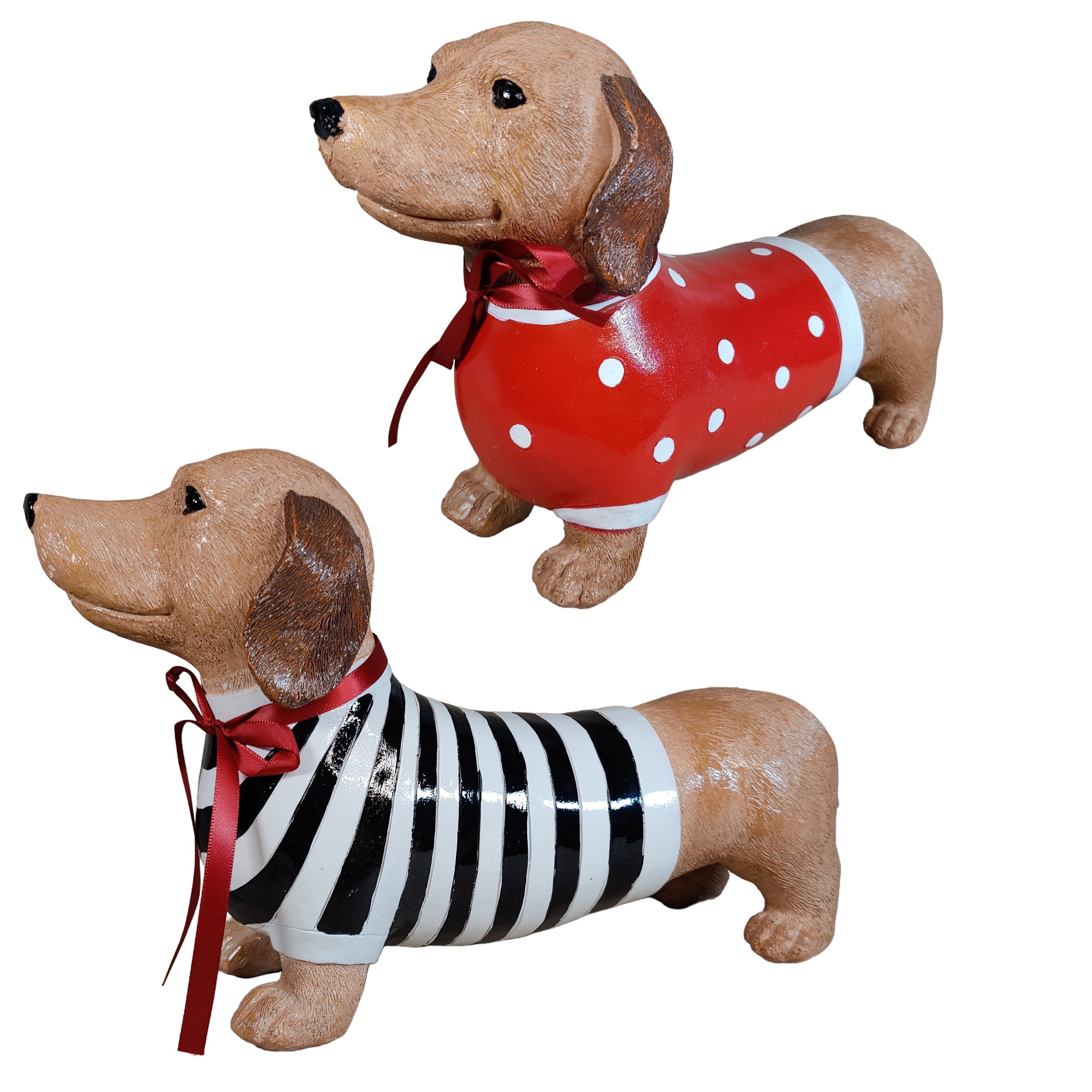 Dackel Deko Figur - handbemalte Dackelfigur für innen & außen, Gartendeko für Balkon, Terrasse & Garten, mit Pulli und roter Schleife - DackelDuo Monique et François
