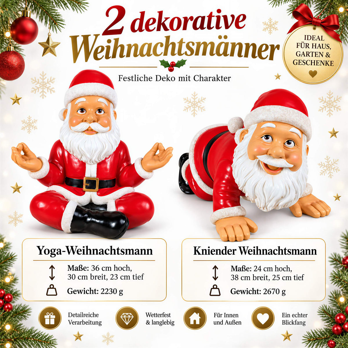 Weihnachtsmann Figur lustig Yoga oder kniend Weihnachtsdeko für Haus und Garten