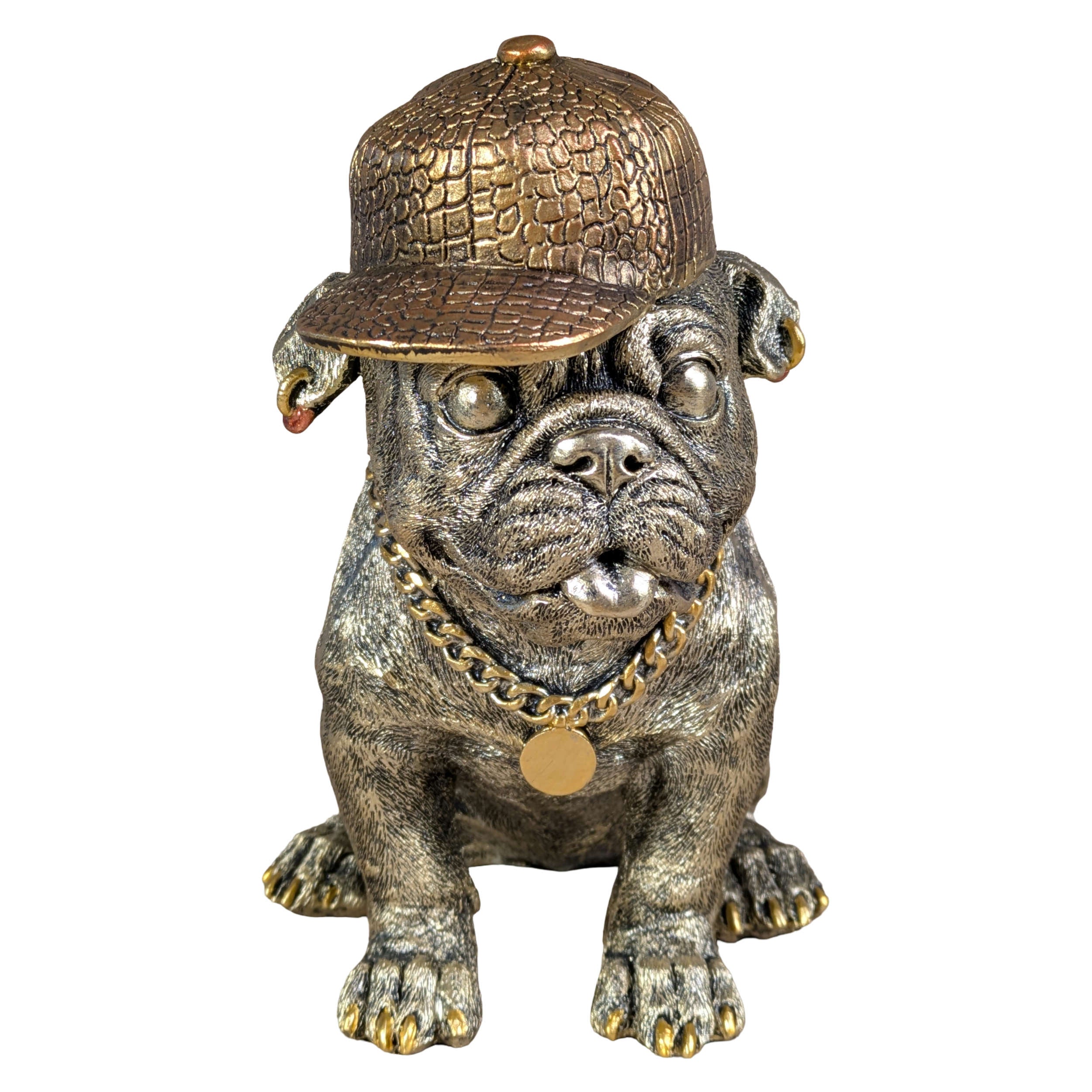 Hundefigur mit Cap Bulldogge Figur goldfarben Dekofigur