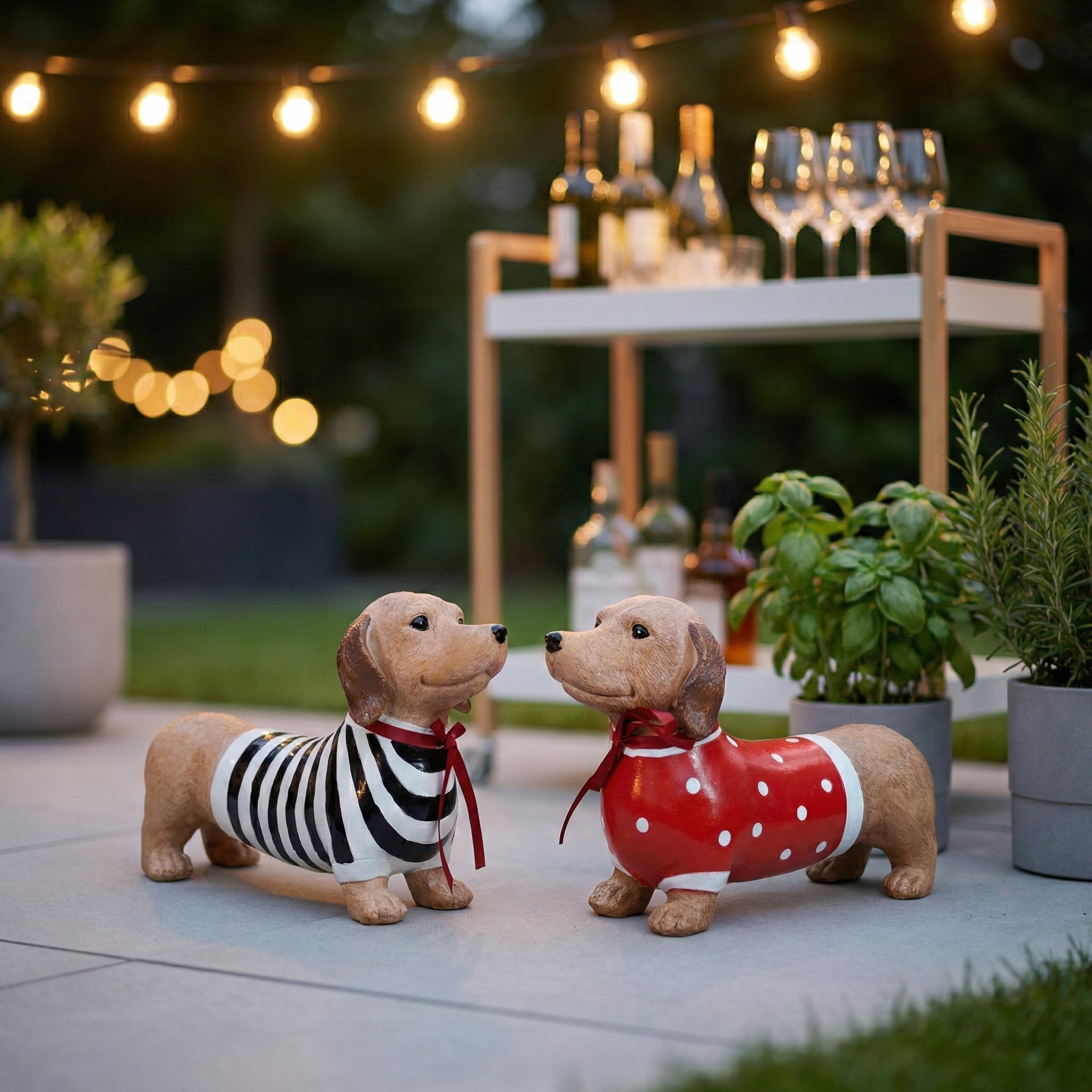 Dackel Deko Figur - handbemalte Dackelfigur für innen & außen, Gartendeko für Balkon, Terrasse & Garten, mit Pulli und roter Schleife - DackelDuo Monique et François