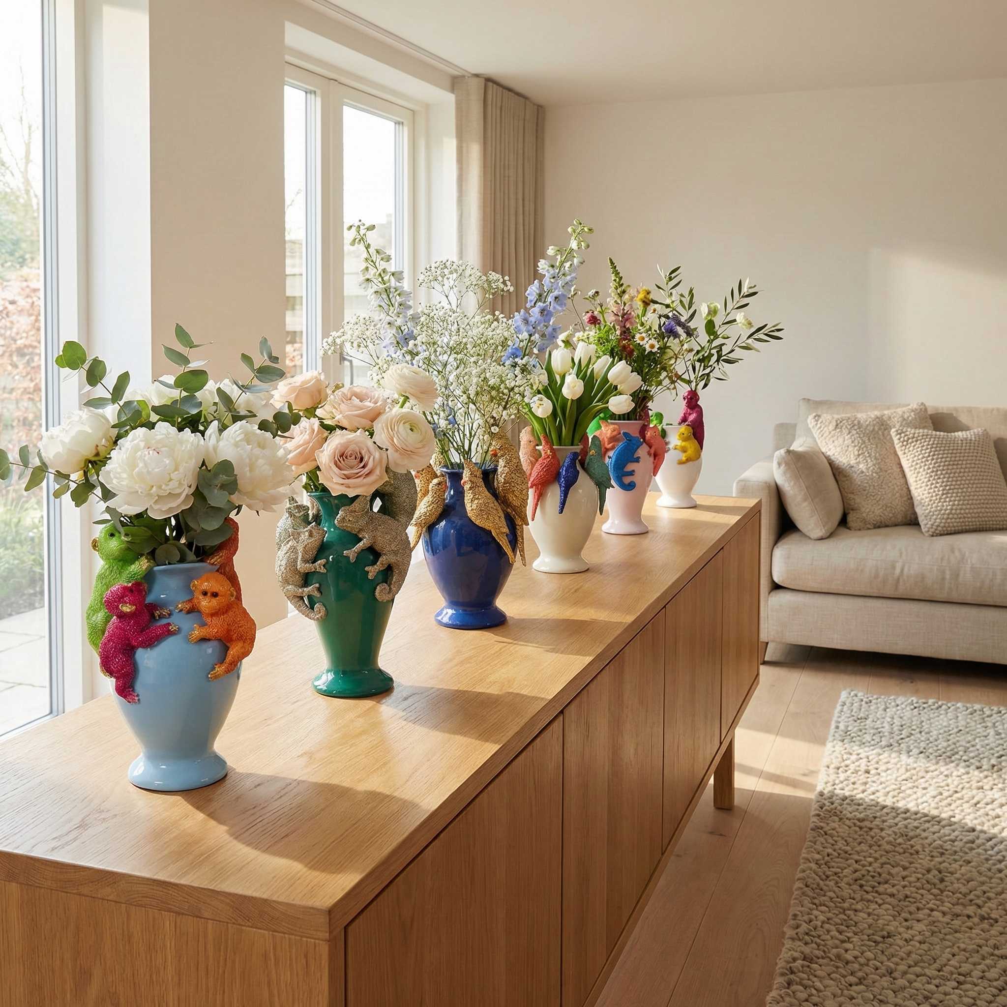 Kunstblumen Vase Deko Vase modern – Designer Vasen mit Tieren Papagei Affe Echse Tischdeko Vase bunt
