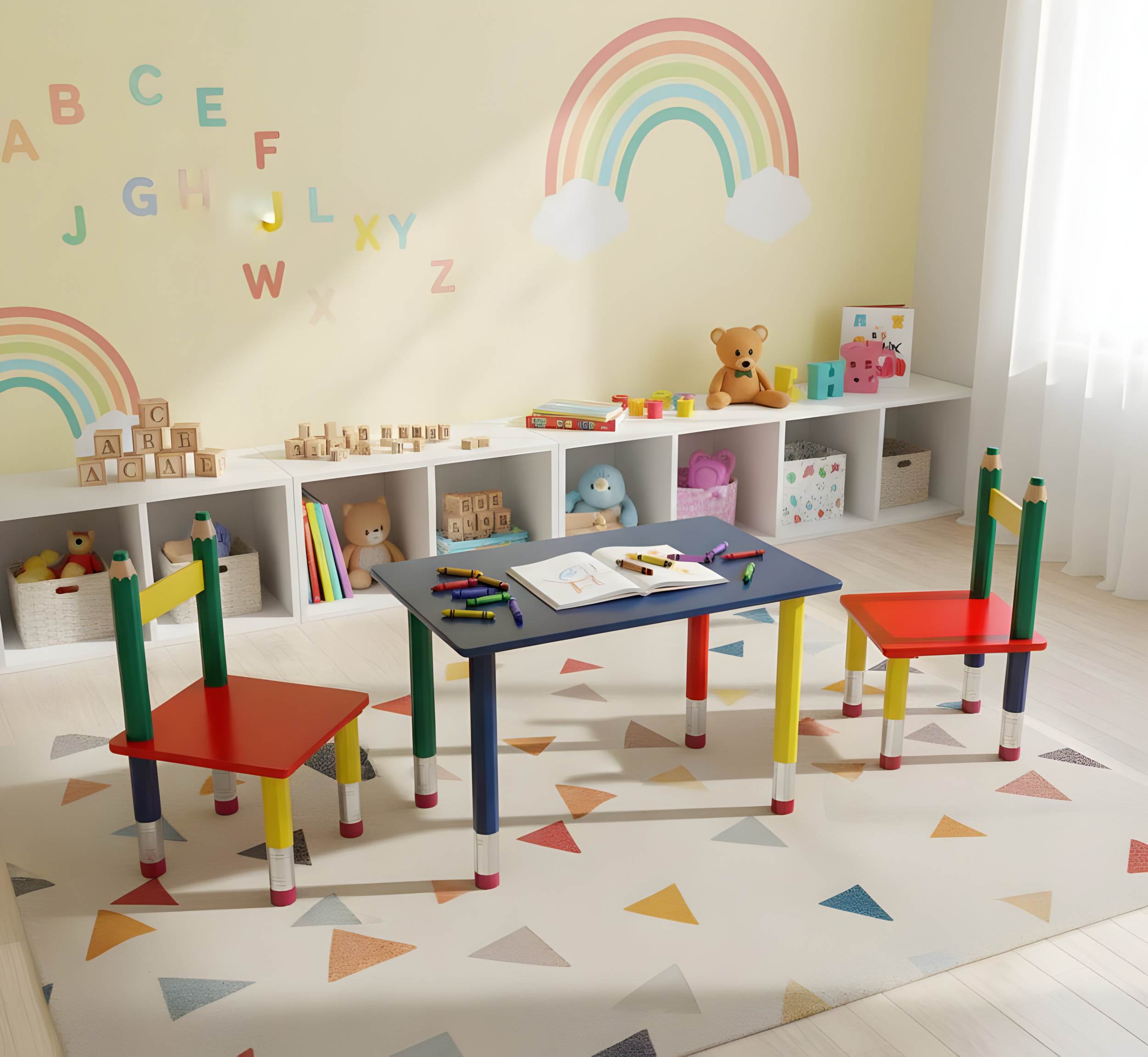Kindertischgruppe Bleistift bunt – farbenfrohe Kindermöbel aus Holz mit Tisch und zwei Stühlen