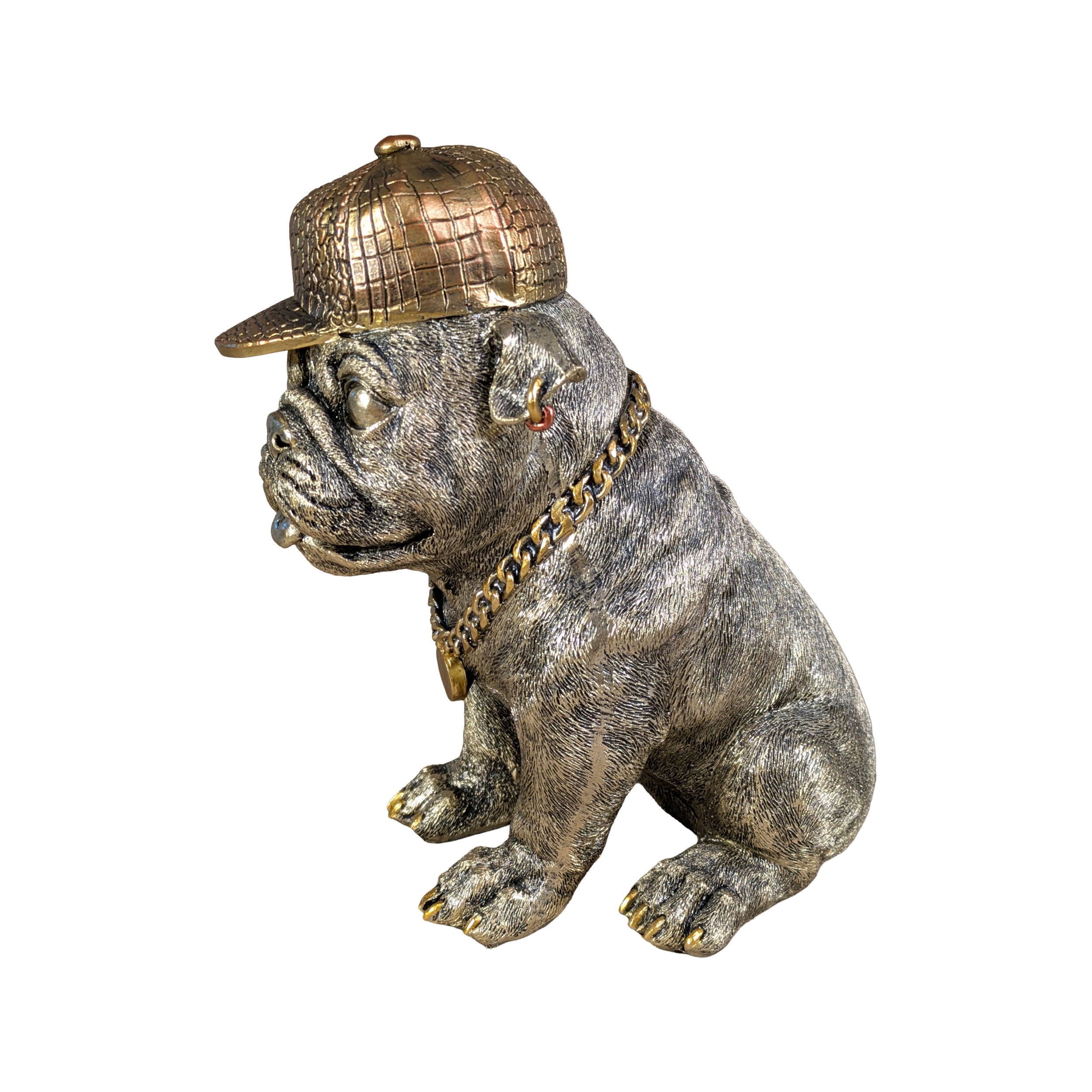 Hundefigur mit Cap Bulldogge Figur goldfarben Dekofigur