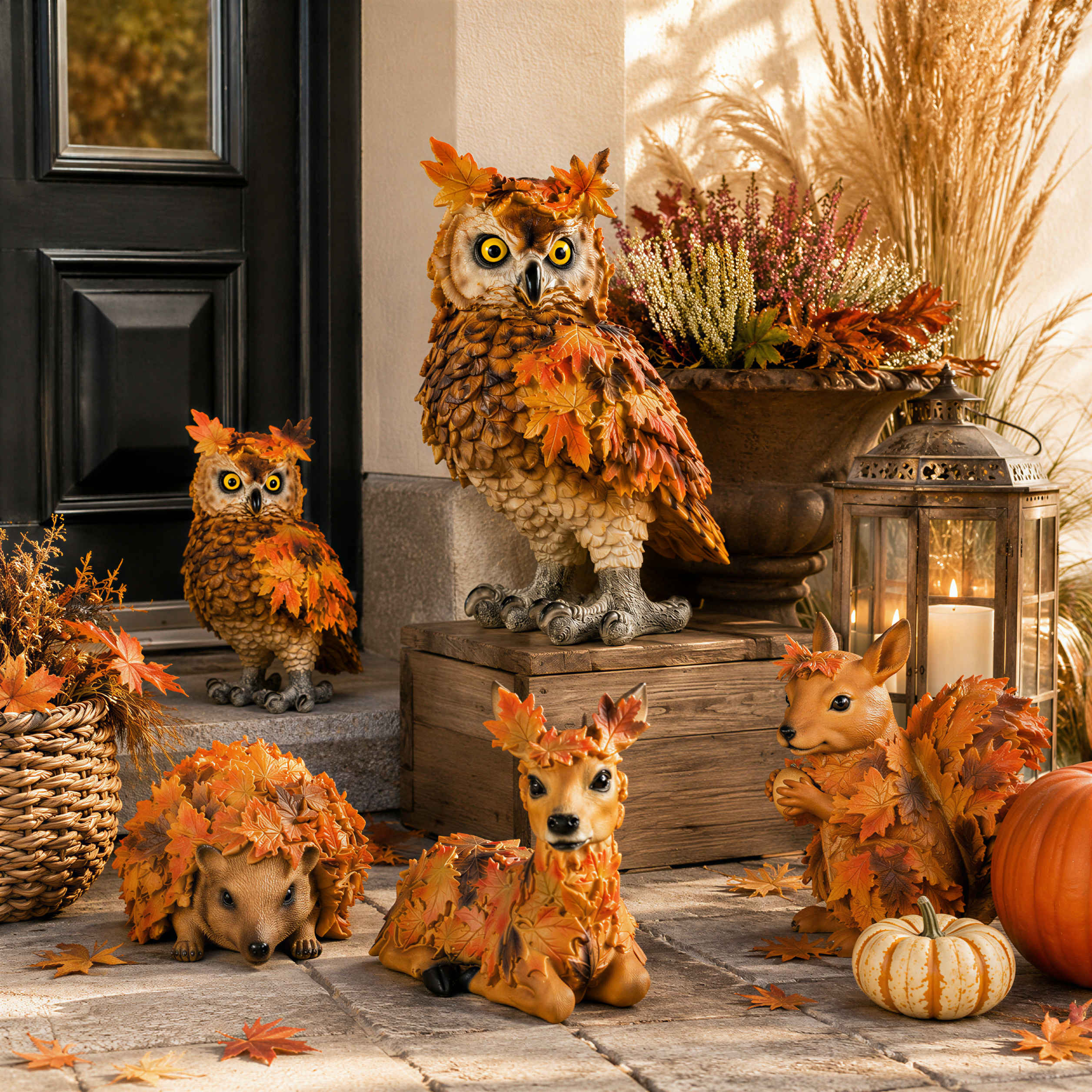 Tierfiguren Eule Reh Igel Eichhörnchen Figur mit Blätterdeko für Haus und Garten
