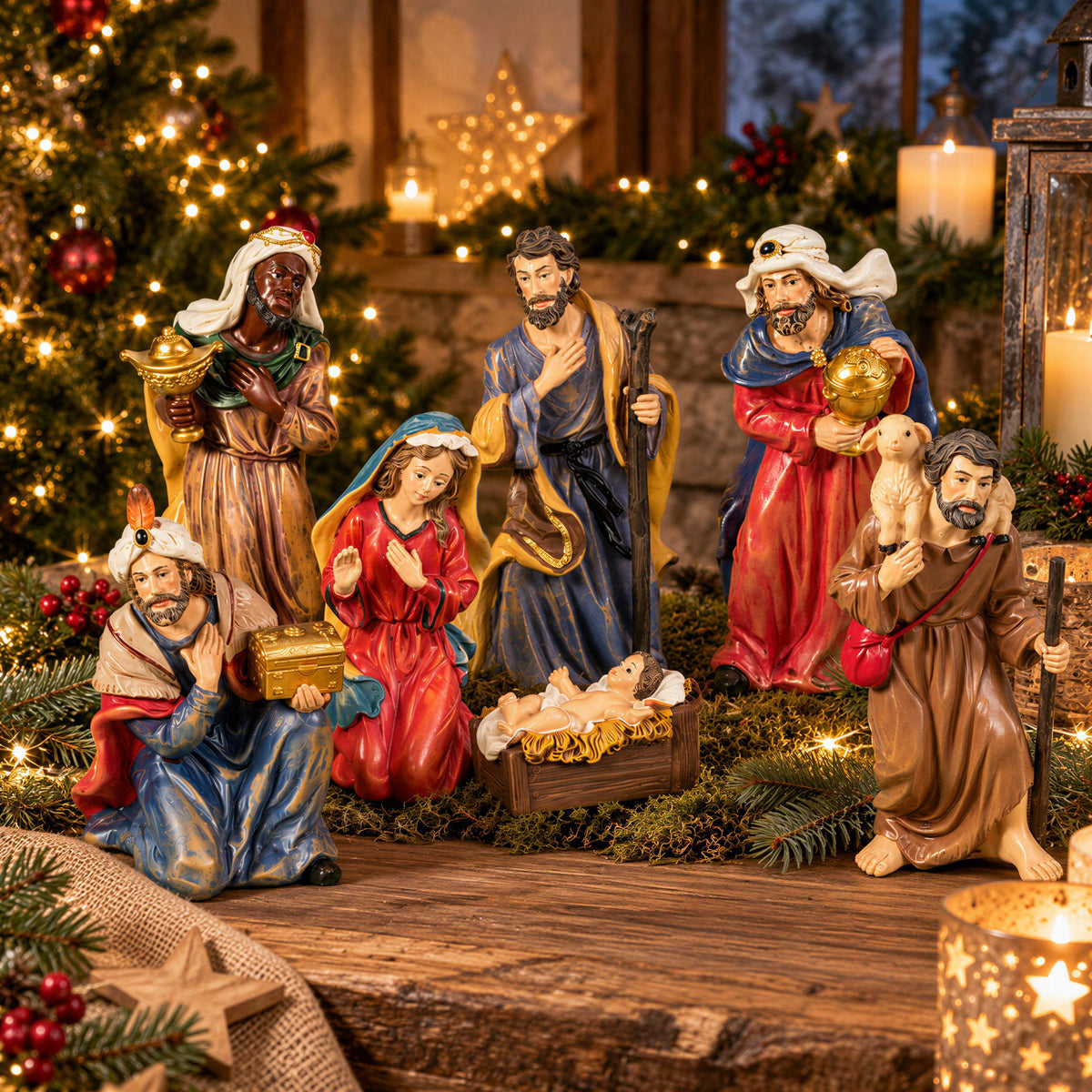 Krippenfiguren Set 7-teilig Weihnachtskrippe Figuren Heilige Familie und Heilige Drei Könige