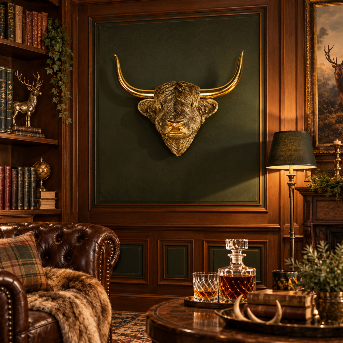 Highland Cattle Kopf Wanddeko gold Hochlandrind Wandfigur für Wohnzimmer und Eingangsbereich
