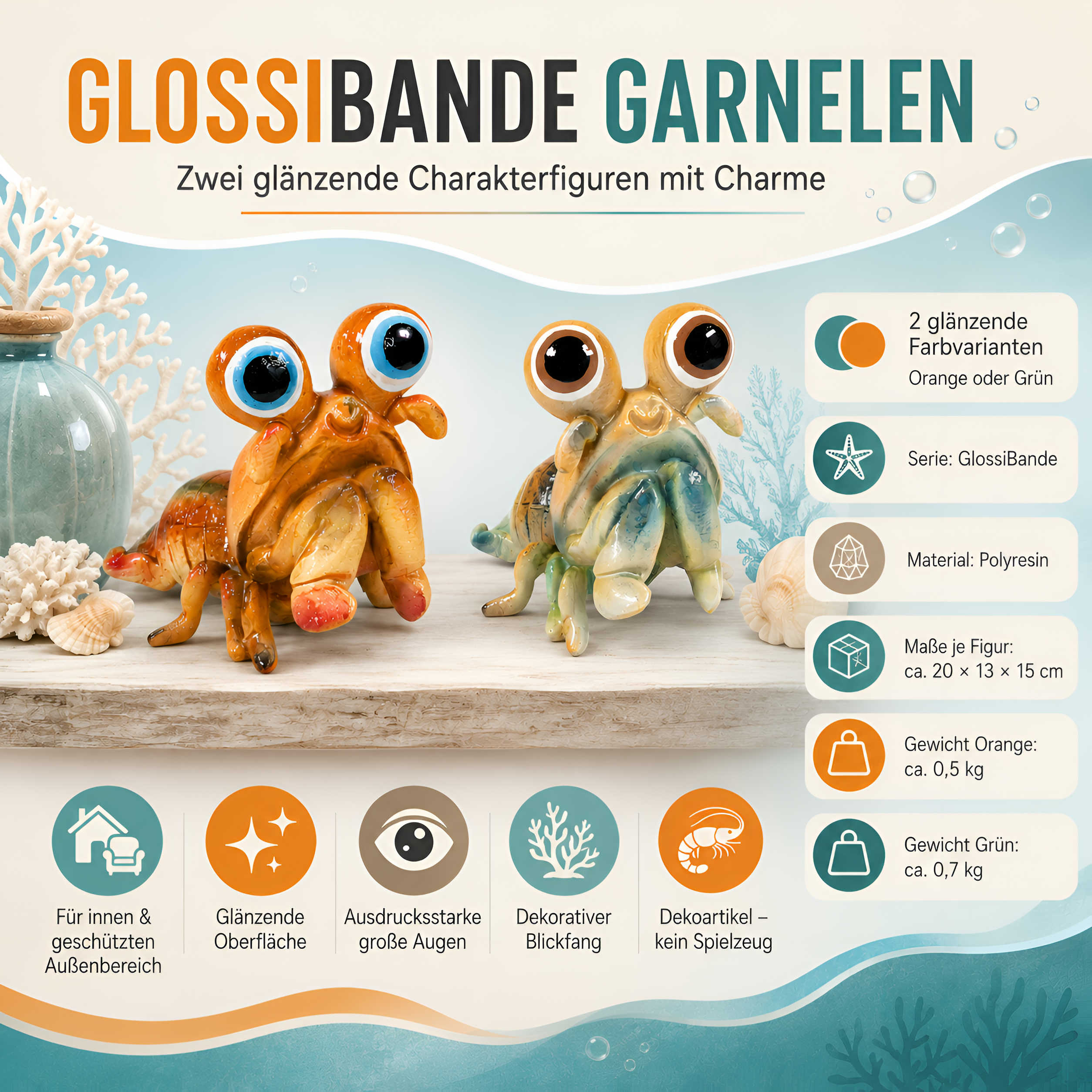 Garnele Figur glänzend Grün & Orange für maritime Deko innen und außen