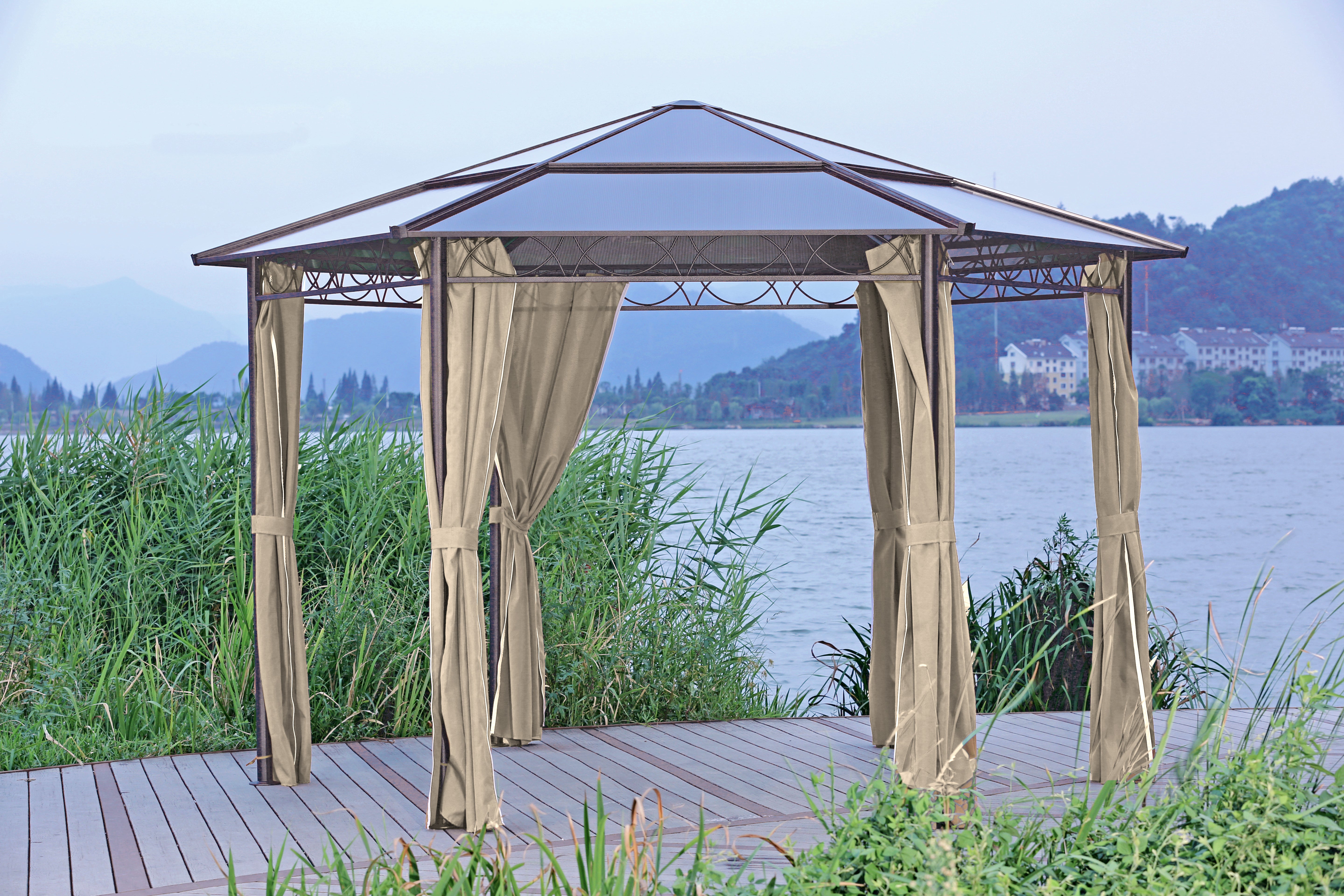 Pavillon SALMON 6-eckig Gartenzelt Garden Pleasure exklusiv stabil Outdoor mit Seitenteilen Polycarbonatdach