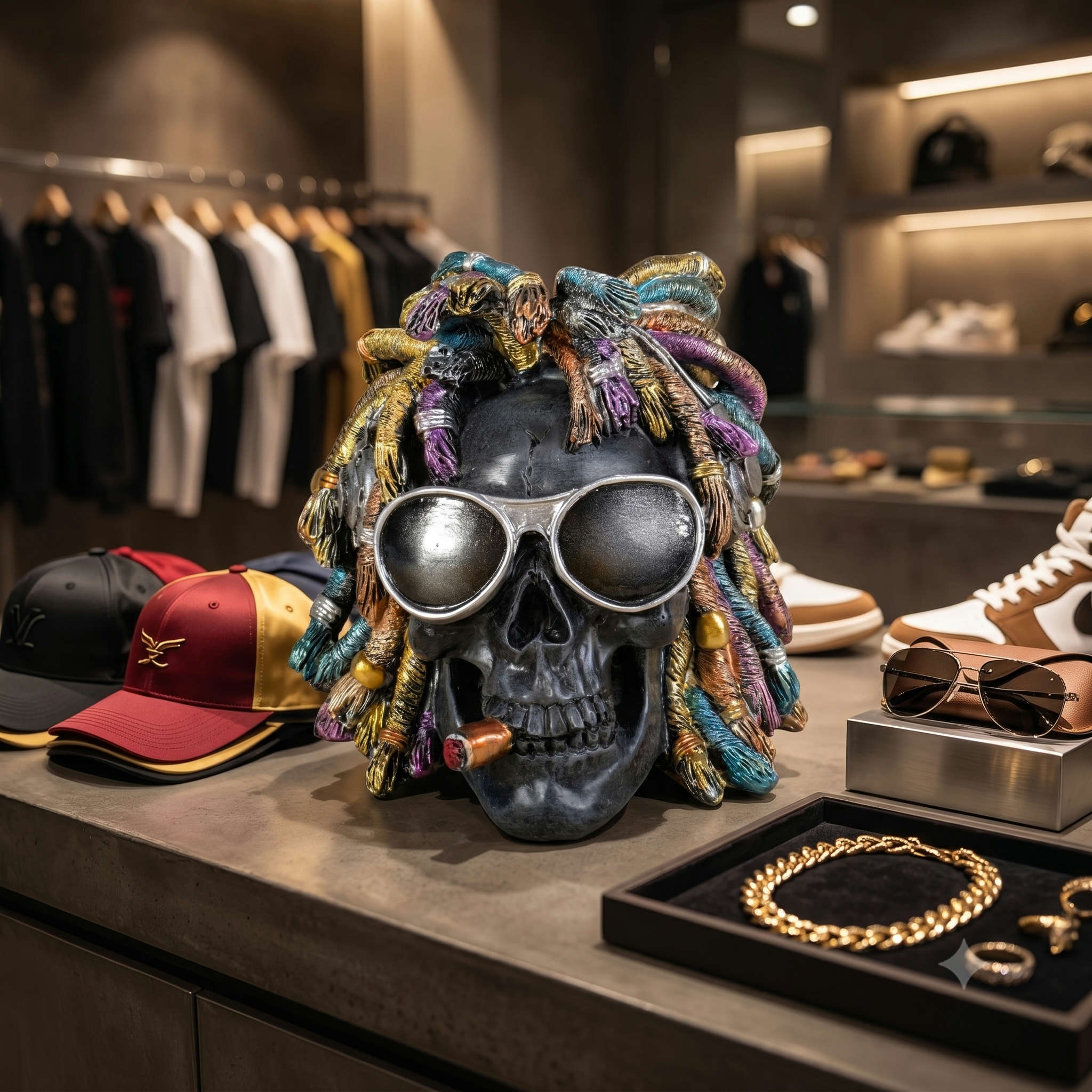 Schädel Deko Rasta Totenkopf Figur mit Sonnenbrille & Dreadlocks