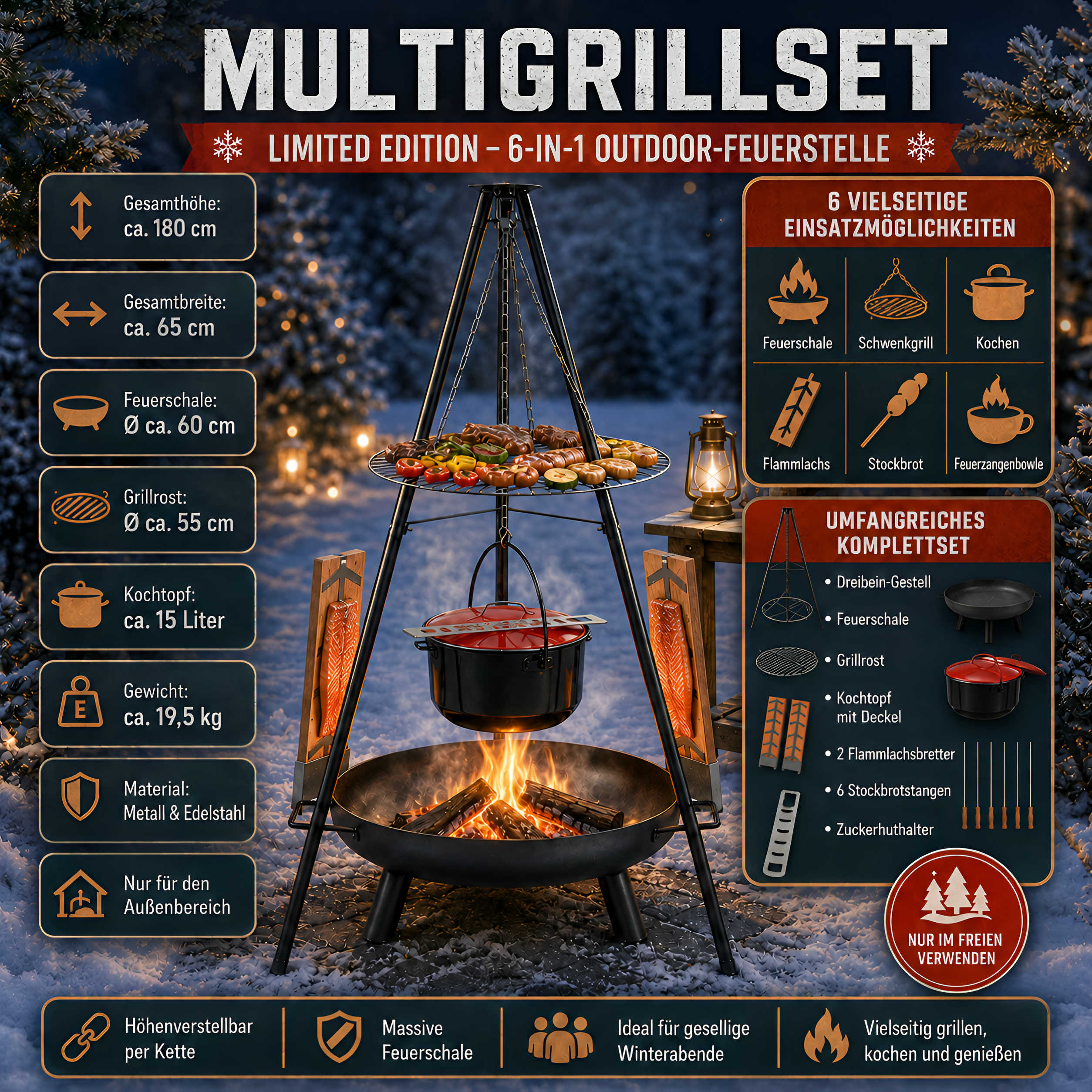 Feuerschale Grill Set 6 in 1 mit Schwenkgrill Feuerzangenbowle Grillrost & Emailletopf
