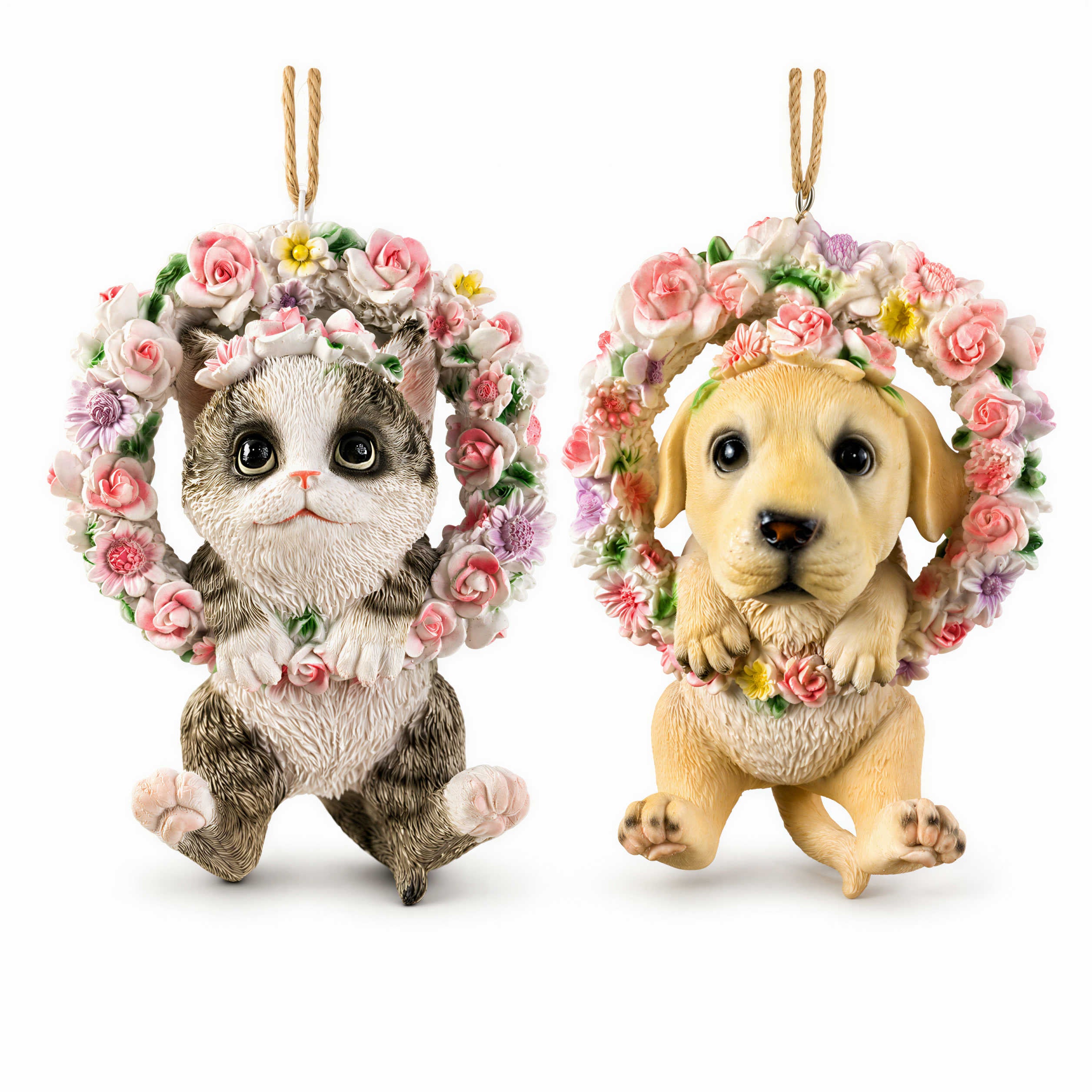 Hängedeko Hund oder Katze im Blumenkranz - Fenster Hängedeko Garten Hänge Deko Ast Katzenfigur Hundefigur