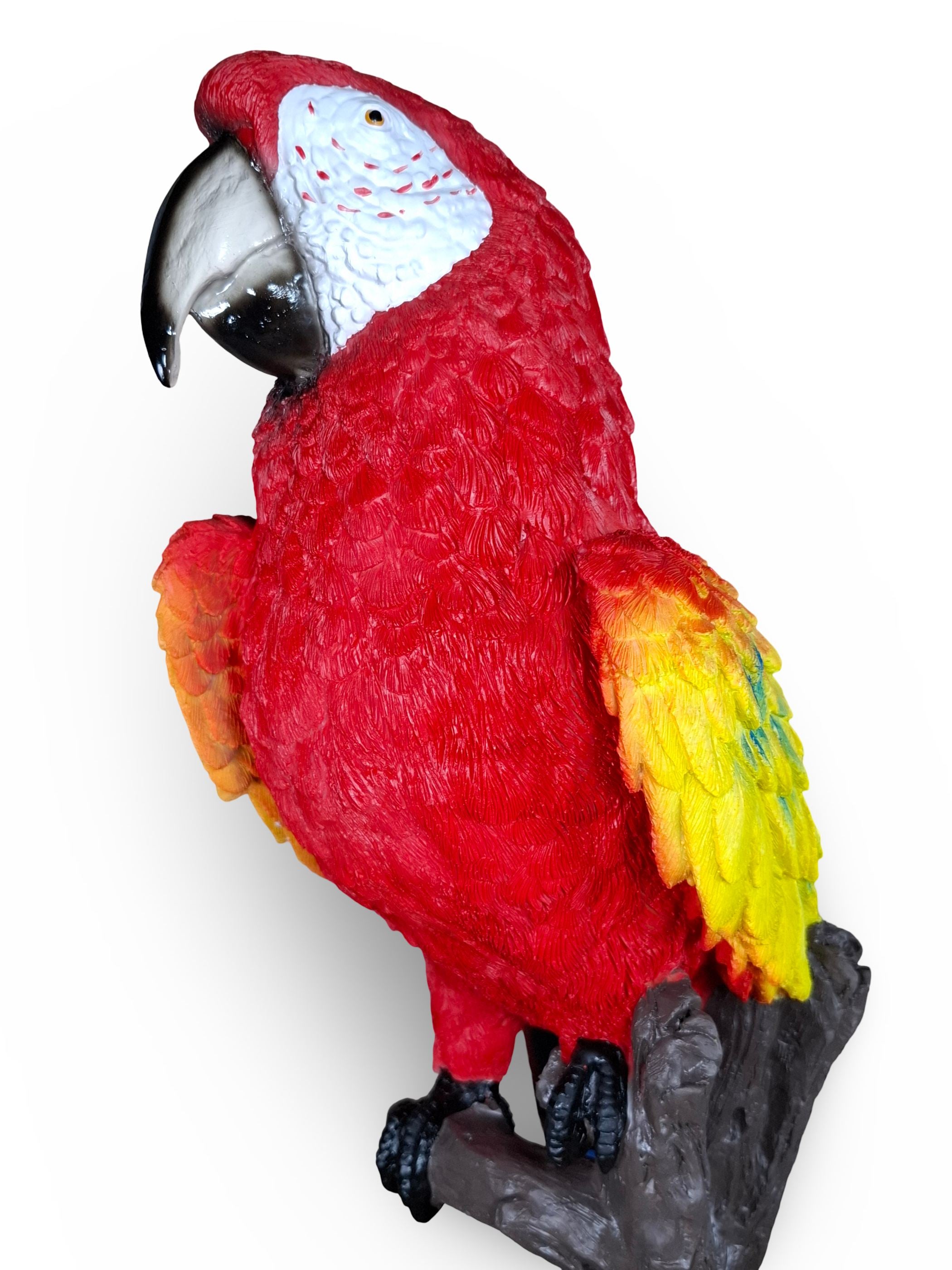 Papagei Figur – große Gartenfigur aus Polyresin, handbemalte Papagei Deko – bunte Dekofigur Papagei auf Baumstamm