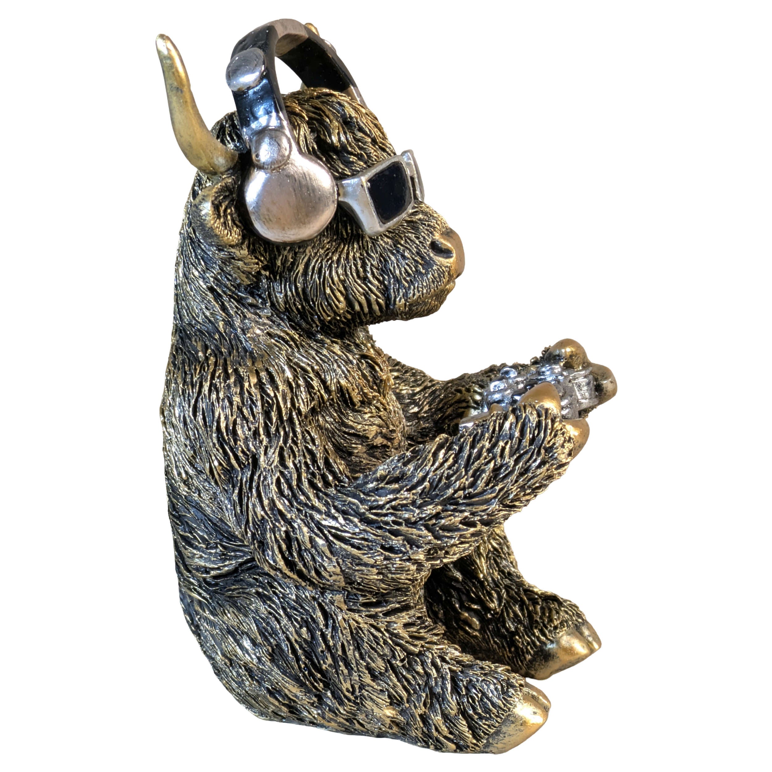 Highland Cattle Figur Gamer Deko Kuh mit Kopfhörer & Controller goldfarben