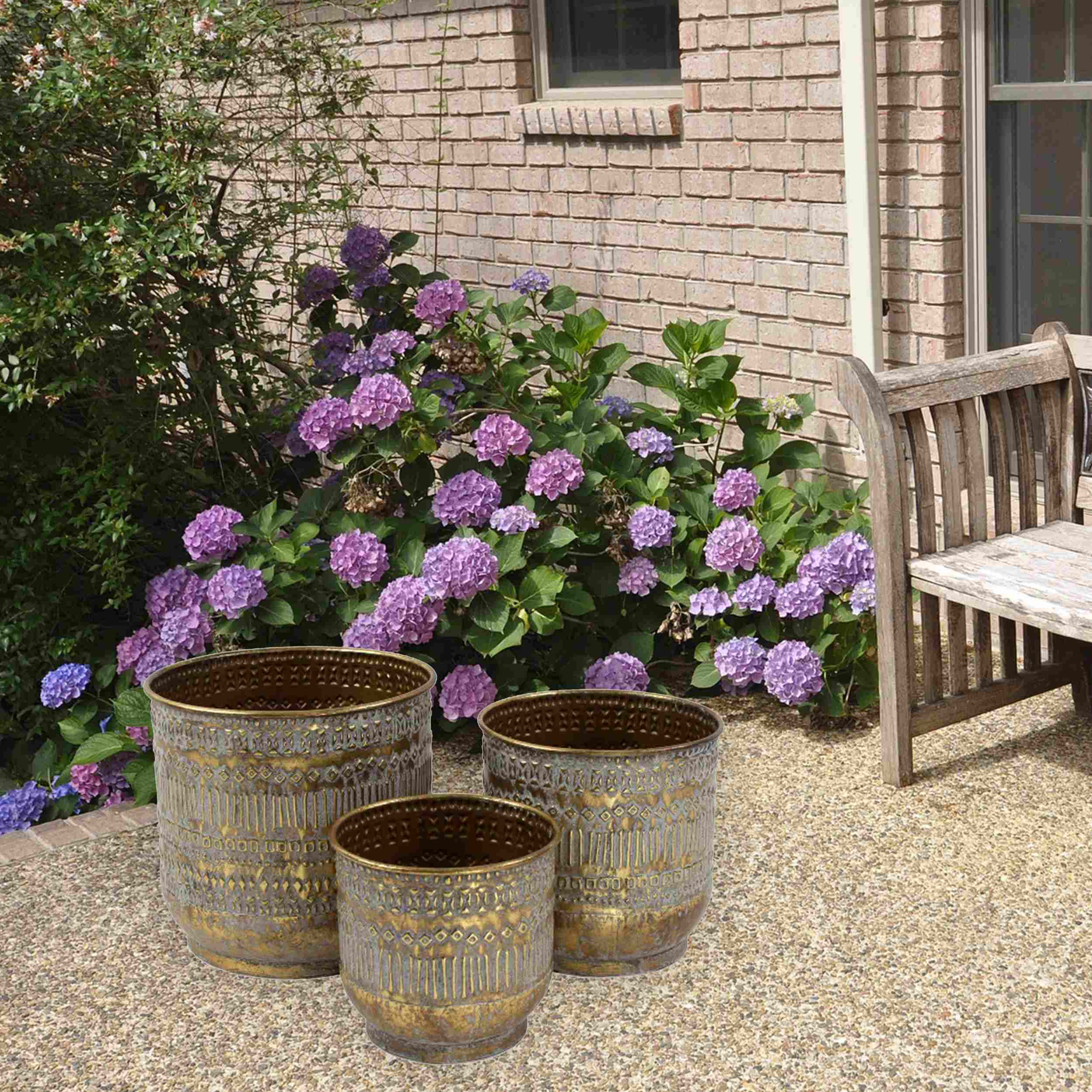 Blumentopf Metall Rund 3er-Set Übertopf Tripoli gold Pflanztopf Pflanzgefäß Zinktopf