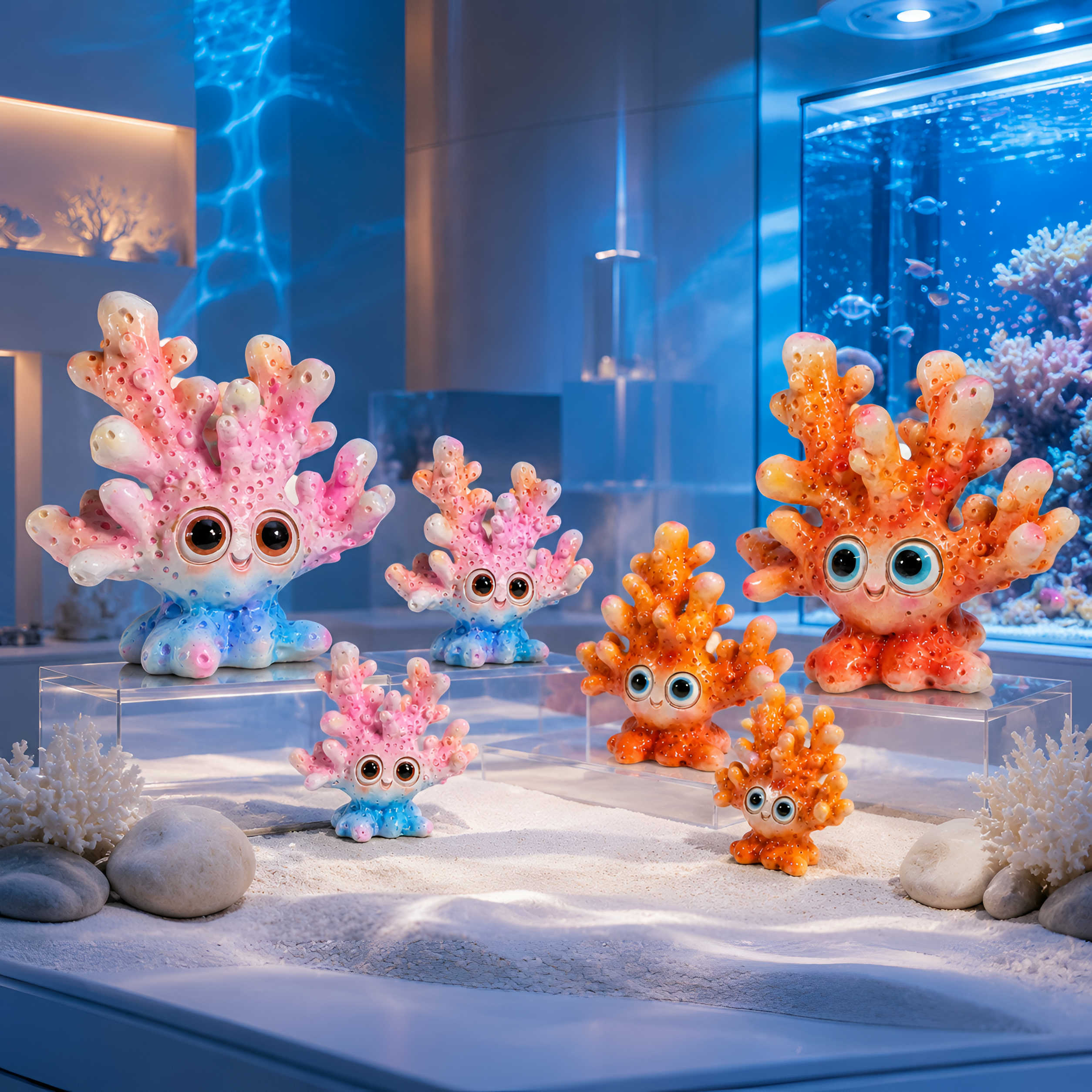 Koralle Figur glänzend Blau-Rosa & Orange in 3 Größen für maritime Deko