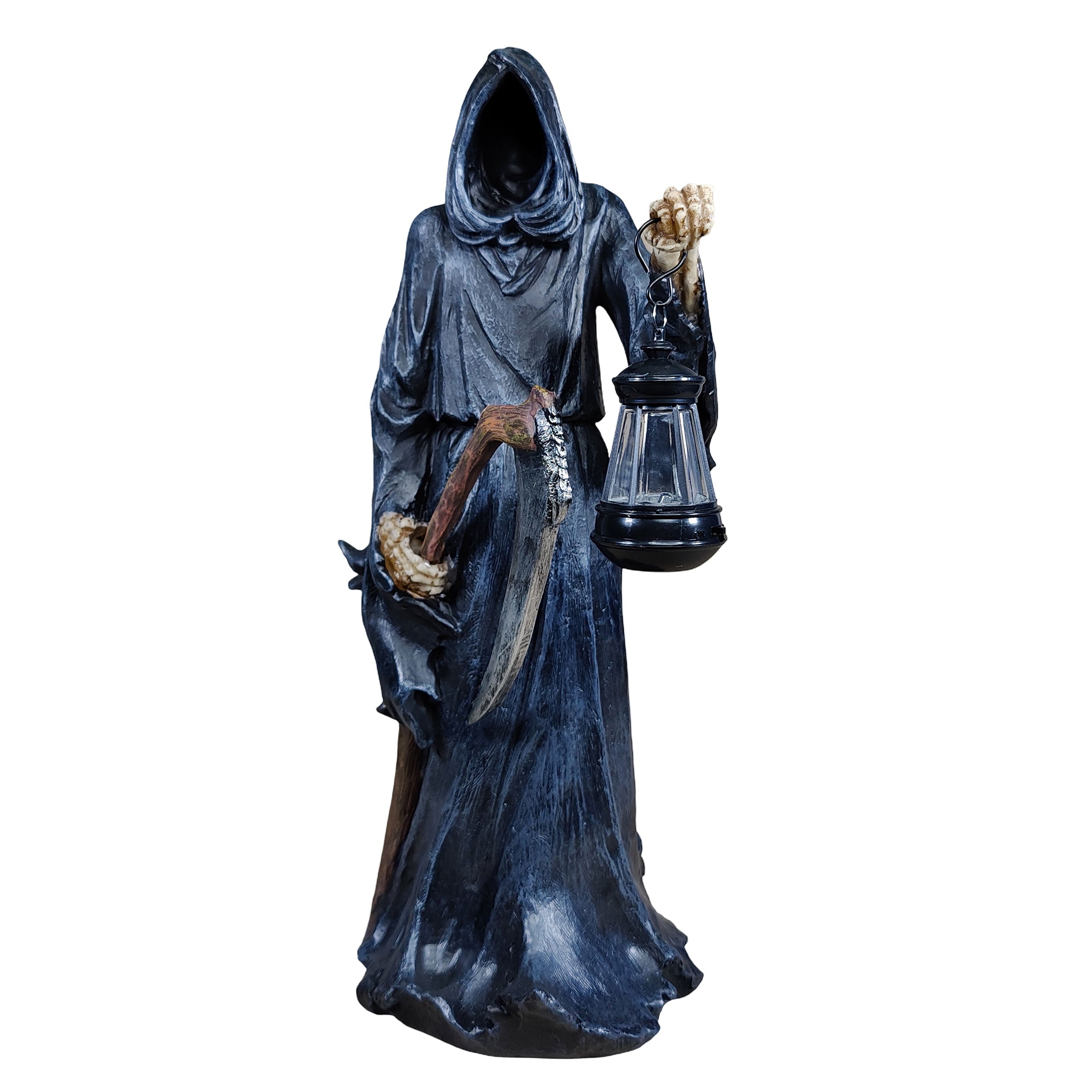 Halloween Deko Figur Sensenmann mit LED Laterne - Dekofigur Der Tod -gruselige Herbstdeko für innen