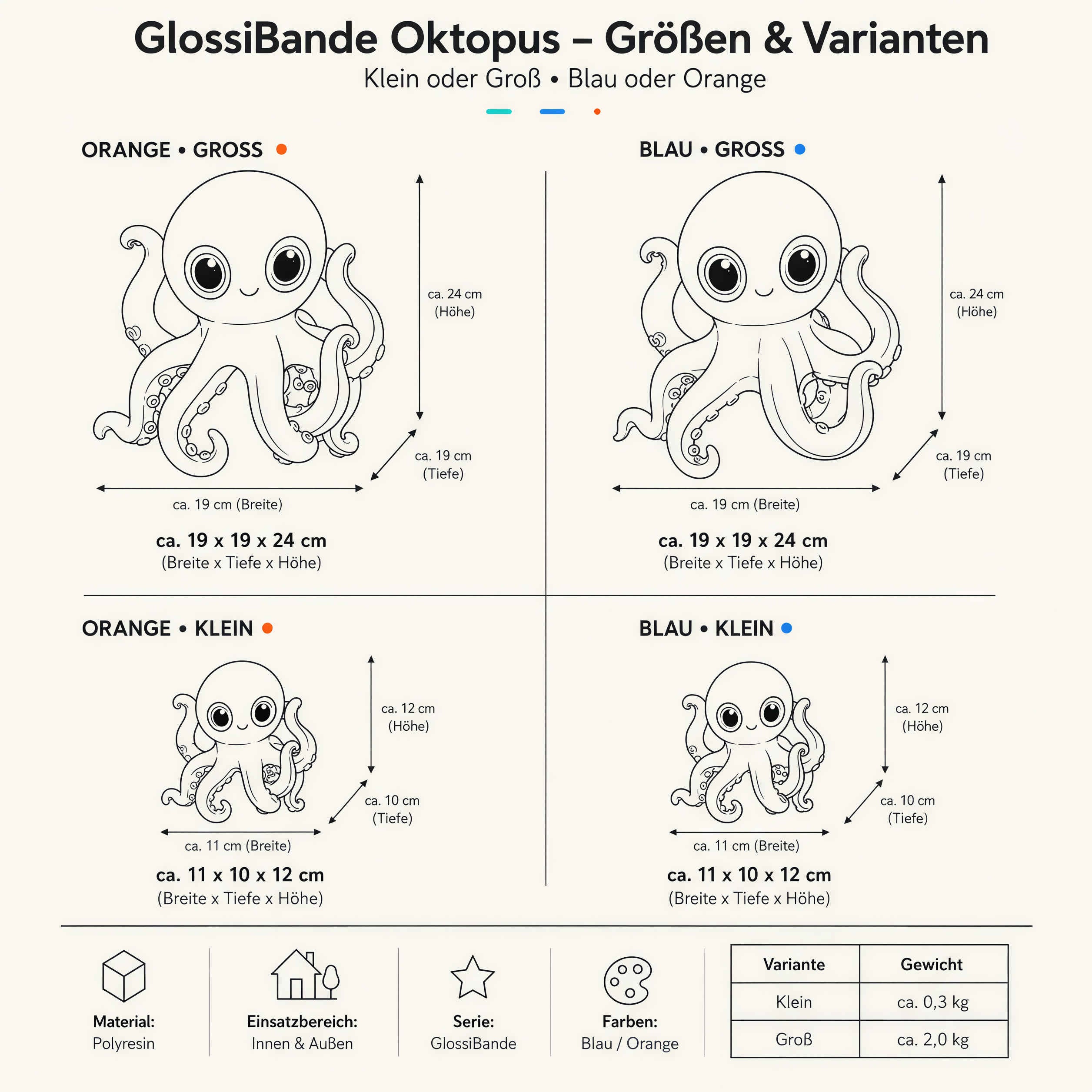 GlossiBande Oktopus Figur glänzend Deko Oktopus Krake in 2 Größen und Farben