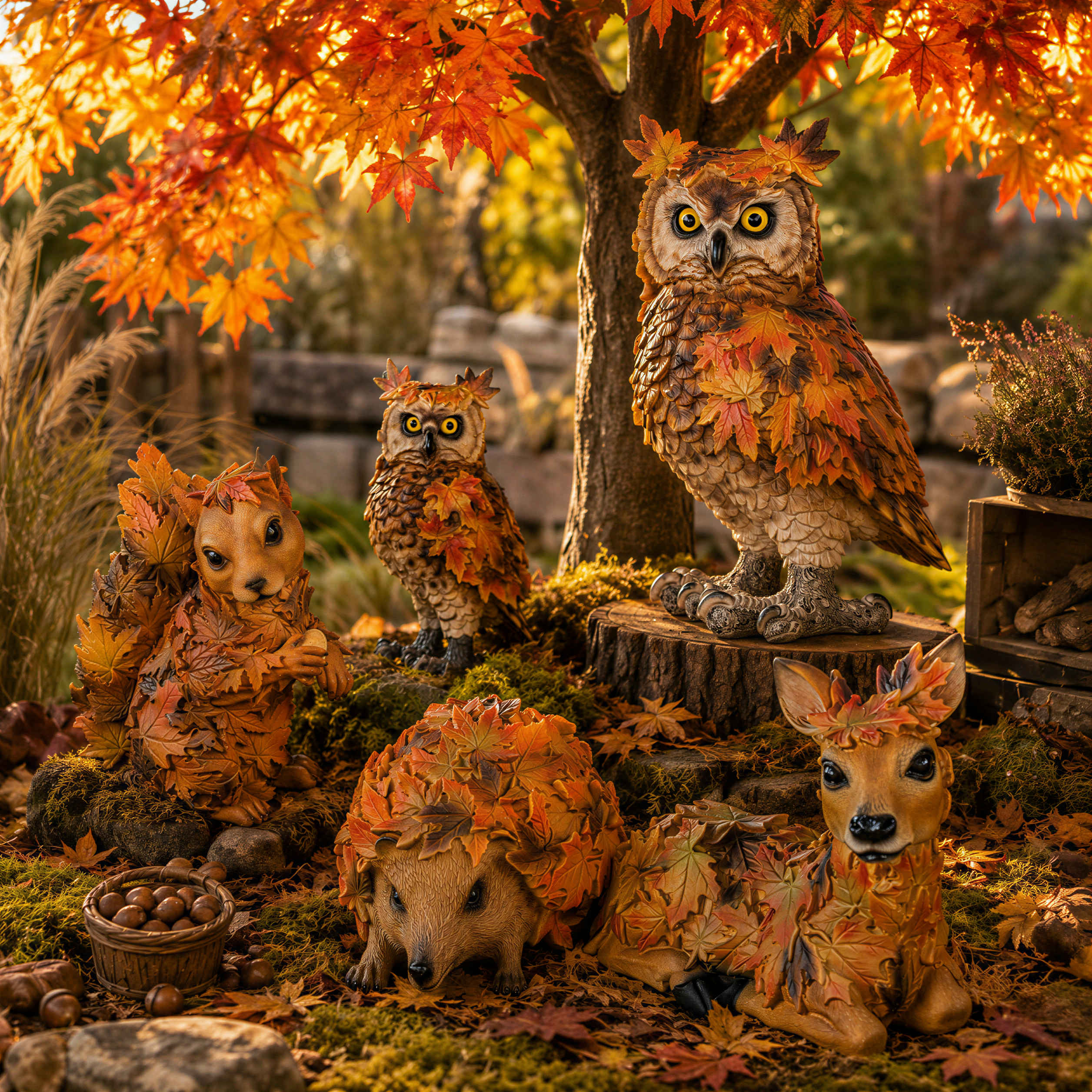 Tierfiguren Eule Reh Igel Eichhörnchen Figur mit Blätterdeko für Haus und Garten