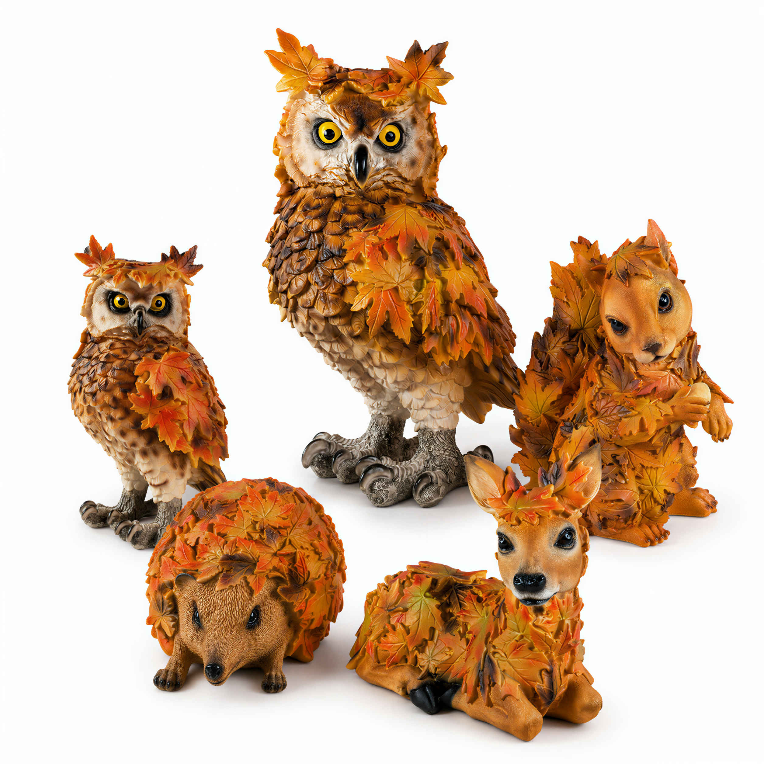 Tierfiguren Eule Reh Igel Eichhörnchen Figur mit Blätterdeko für Haus und Garten