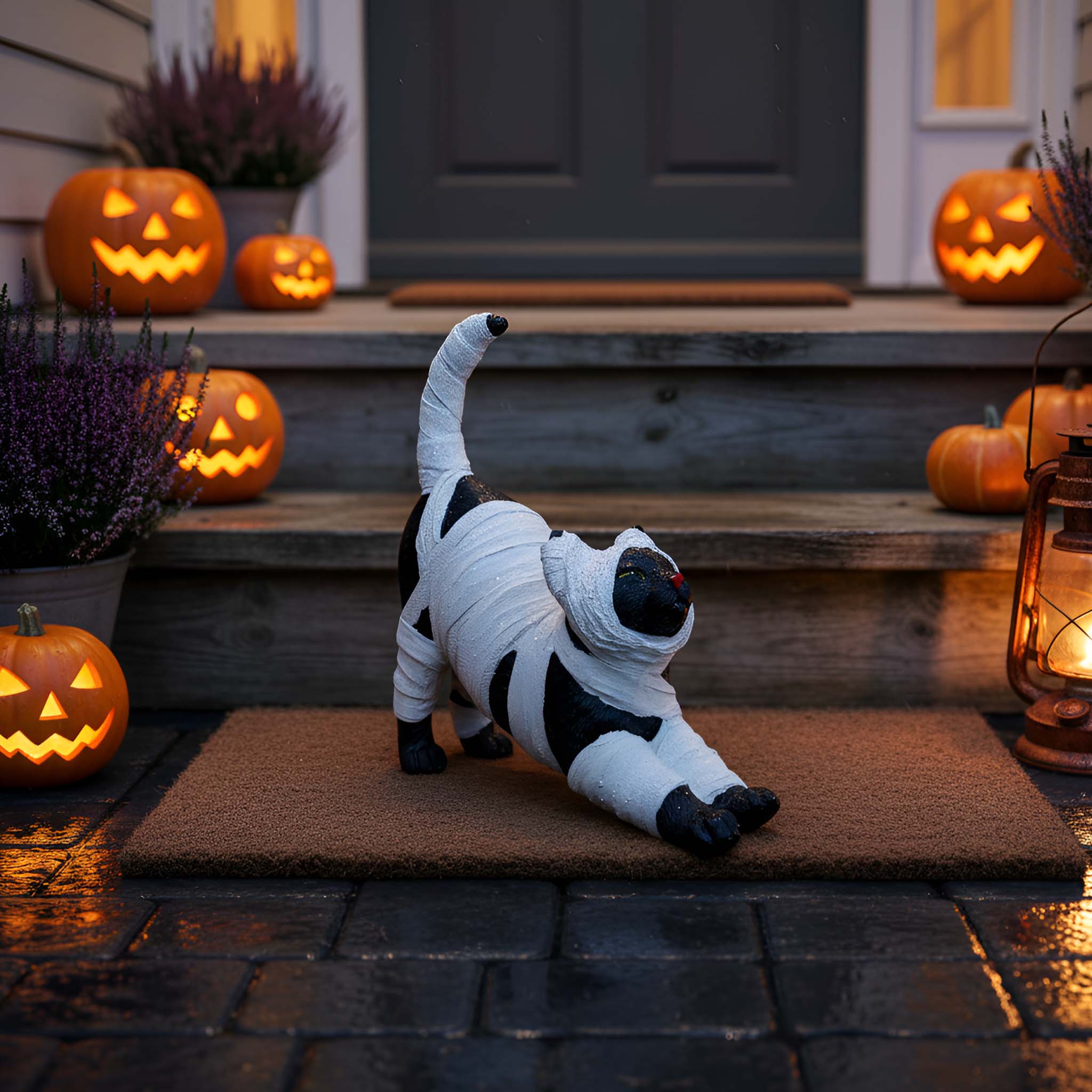 Halloween Deko Katze – handbemalte Katzenmumie Figur aus Polyresin 26×9×27 cm, gruselige Halloween Dekoration für Haus, Garten & Halloweenparty