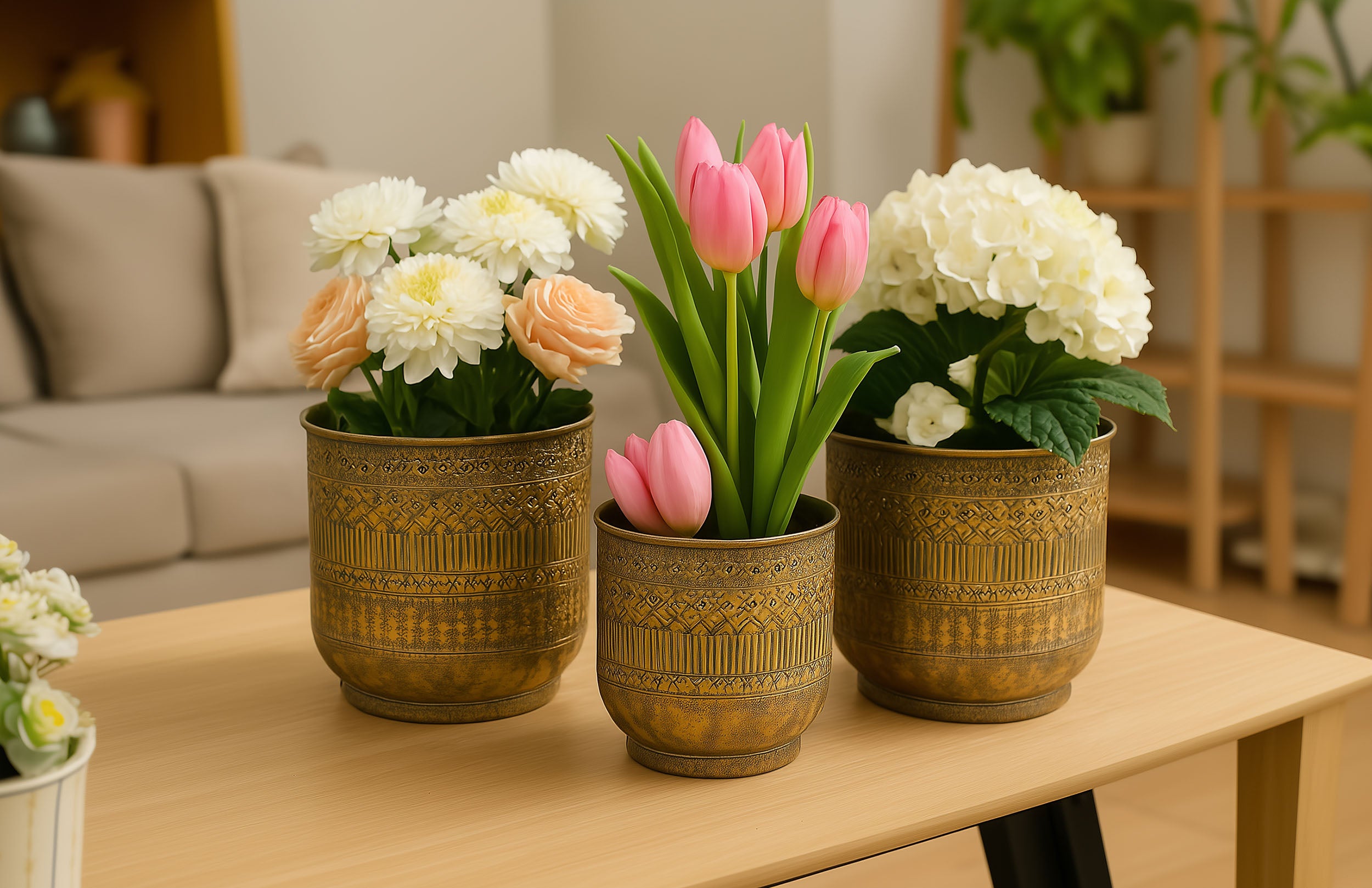 Blumentopf Metall Rund 3er-Set Übertopf Tripoli gold Pflanztopf Pflanzgefäß Zinktopf