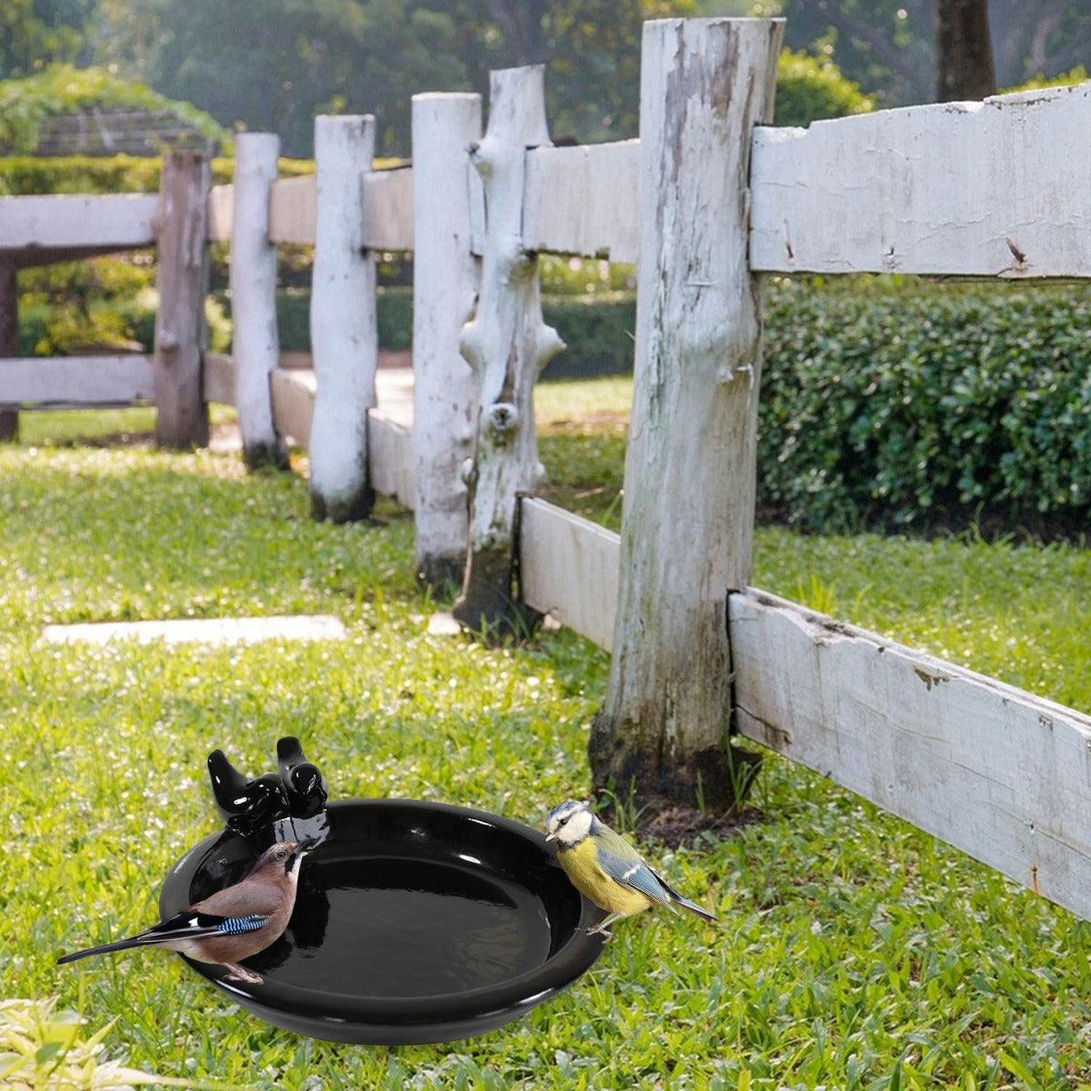 glasierte Vogeltränke für den Garten "Noble" mit 2 Deko-Vögel, 30 cm schwarz glänzend Keramik Vogeltränke rund Vogelbad Garten