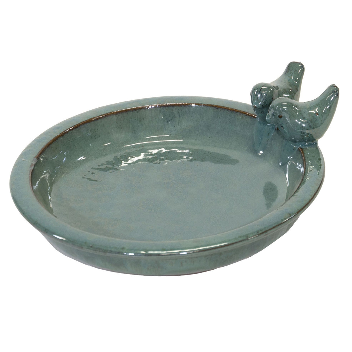 glasierte Vogeltränke für den Garten "Noble" mit 2 Deko-Vögel, 30 cm Moos Grün Keramik Vogeltränke rund Vogelbad Garten