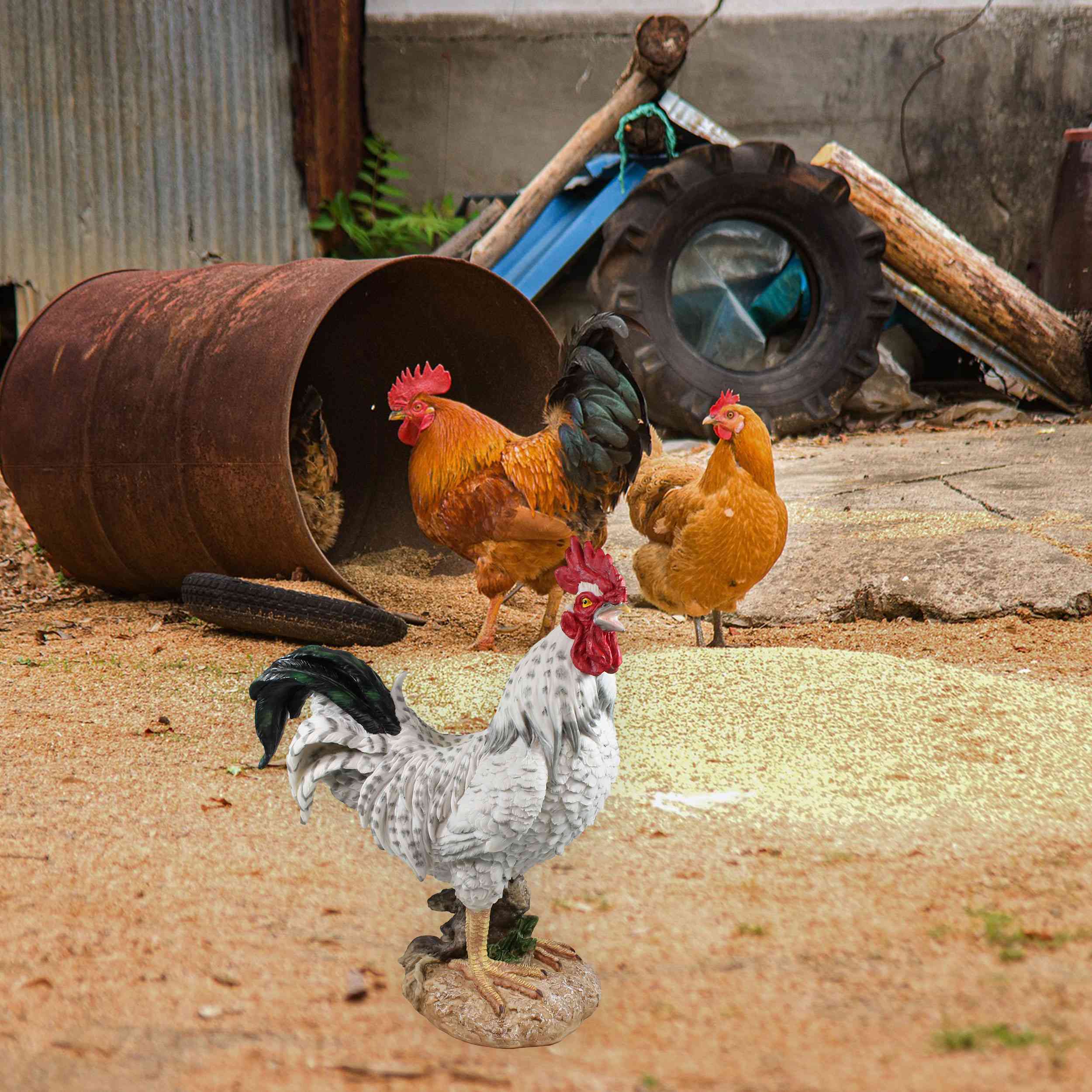 Deko Hahn Figur 47 cm weiß – detailreiche Gartenfigur aus Polyresin – wetterfest & standfest – Tierfigur Landhausstil