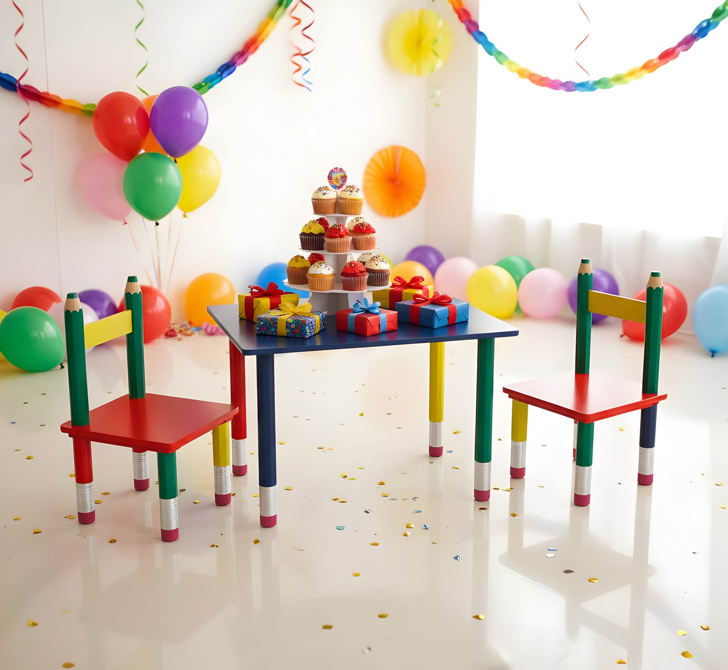 Kindertischgruppe Bleistift bunt – farbenfrohe Kindermöbel aus Holz mit Tisch und zwei Stühlen