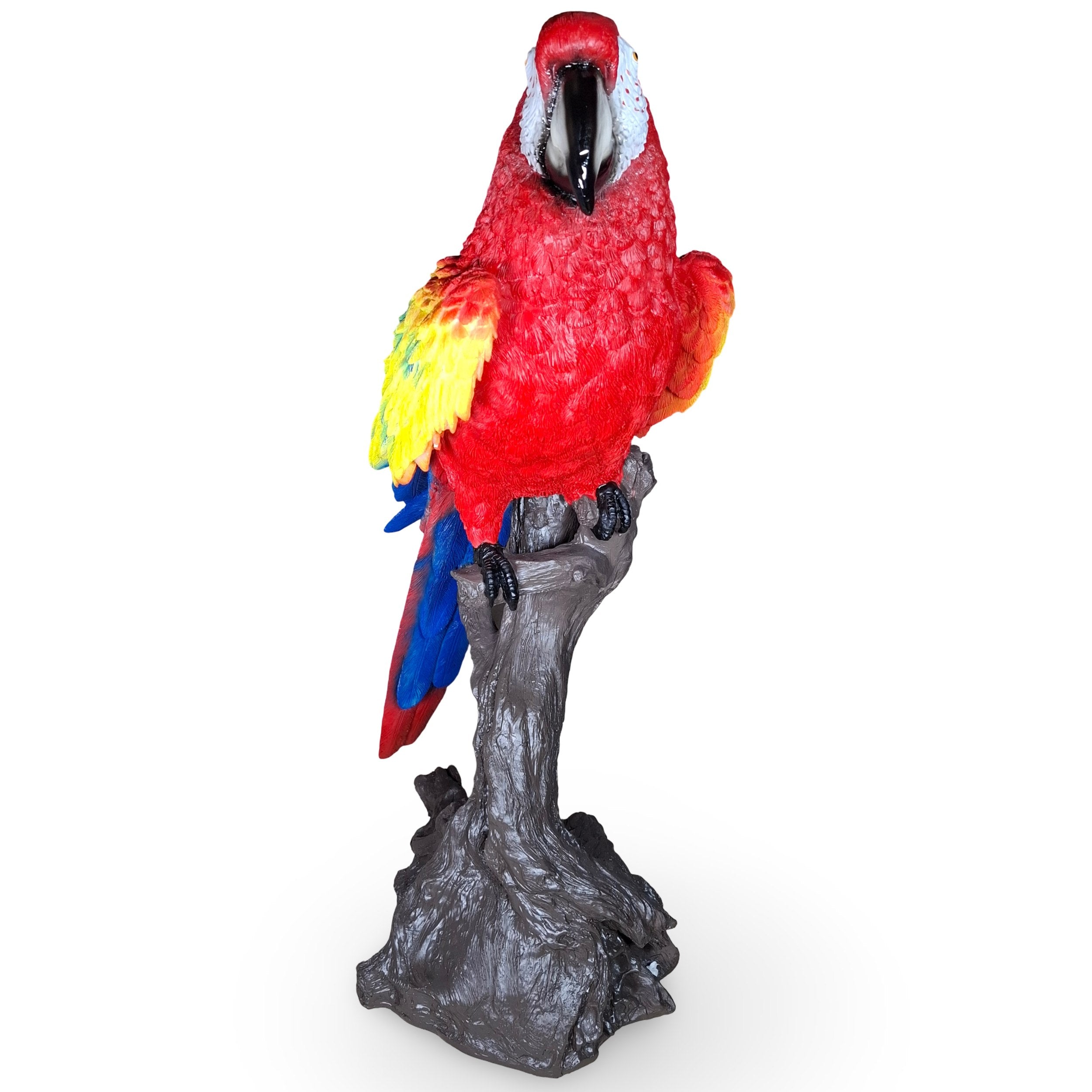 Papagei Figur – große Gartenfigur aus Polyresin, handbemalte Papagei Deko – bunte Dekofigur Papagei auf Baumstamm