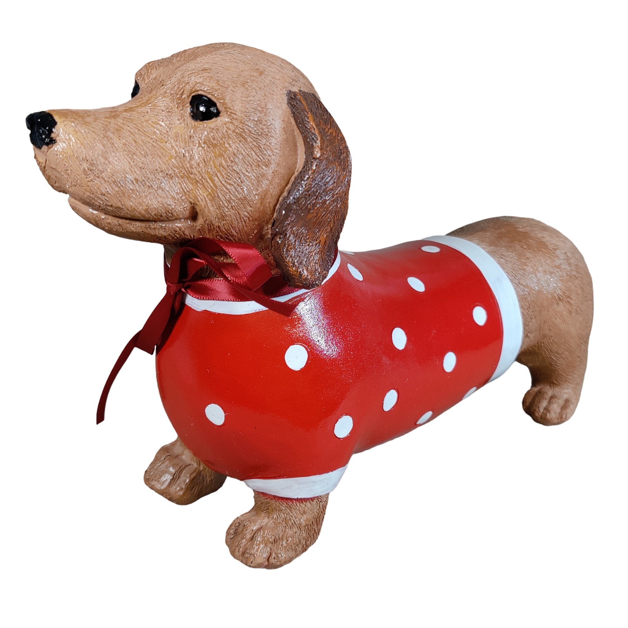 Dackel Deko Figur - handbemalte Dackelfigur für innen & außen, Gartendeko für Balkon, Terrasse & Garten, mit Pulli und roter Schleife - DackelDuo Monique et François