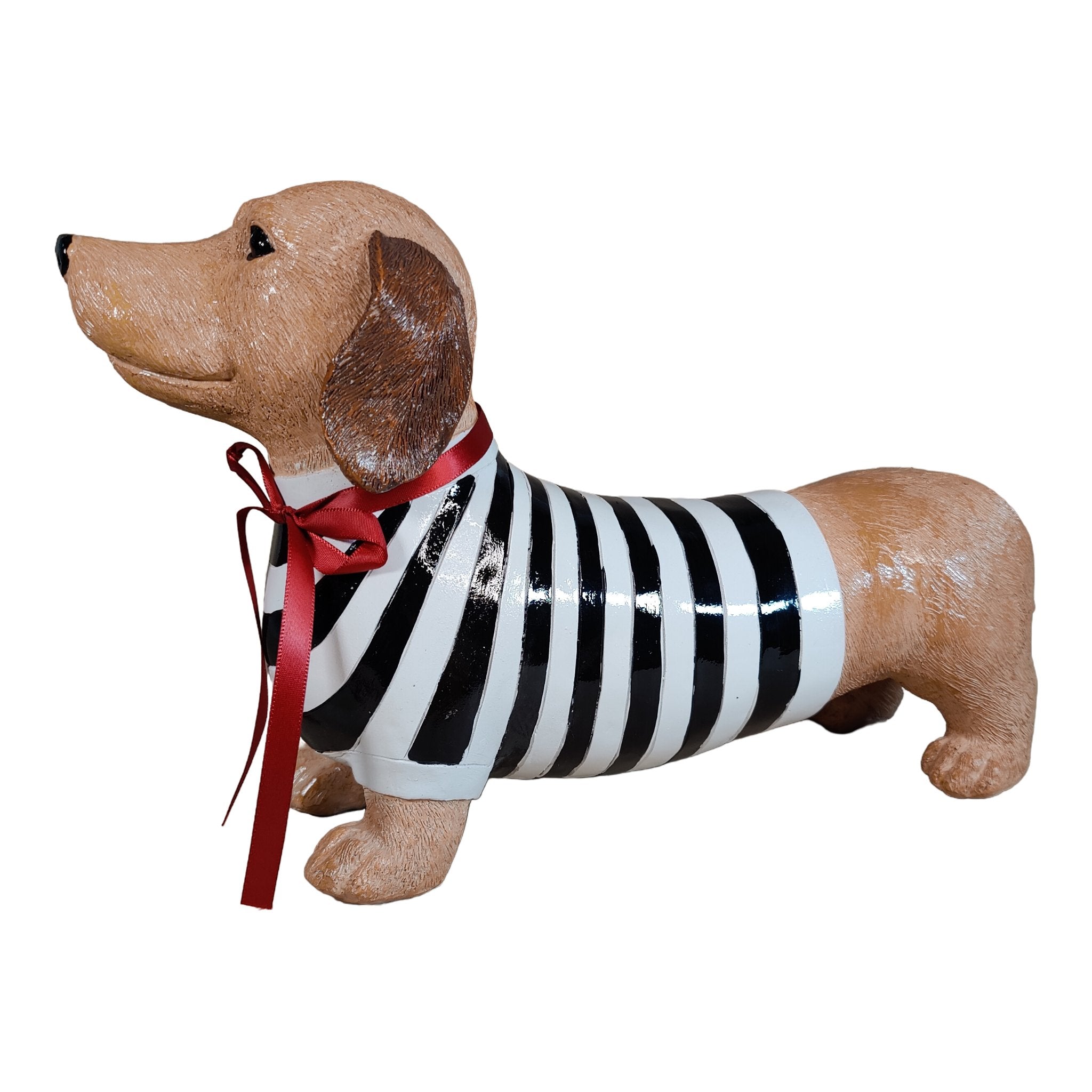 Dackel Deko Figur - handbemalte Dackelfigur für innen & außen, Gartendeko für Balkon, Terrasse & Garten, mit Pulli und roter Schleife - DackelDuo Monique et François