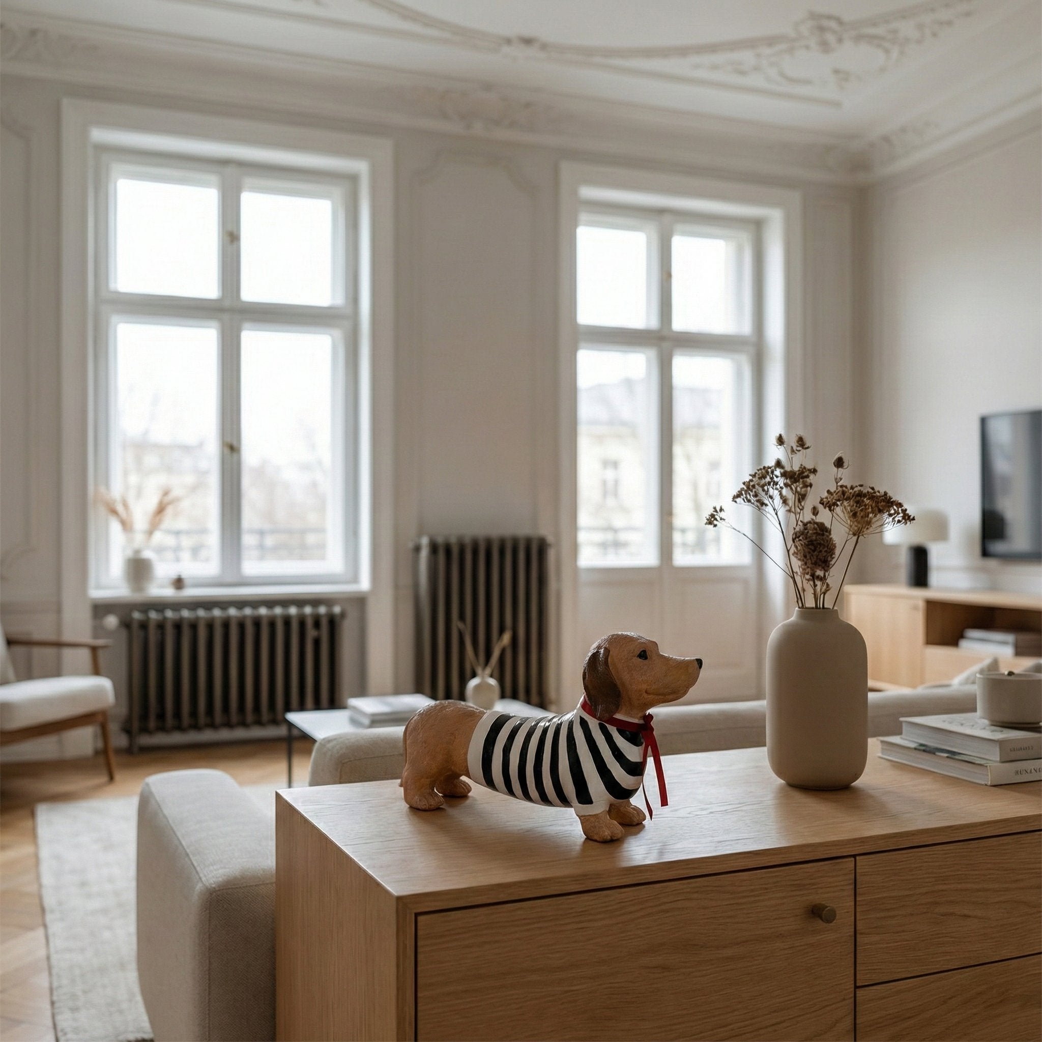 Dackel Deko Figur - handbemalte Dackelfigur für innen & außen, Gartendeko für Balkon, Terrasse & Garten, mit Pulli und roter Schleife - DackelDuo Monique et François