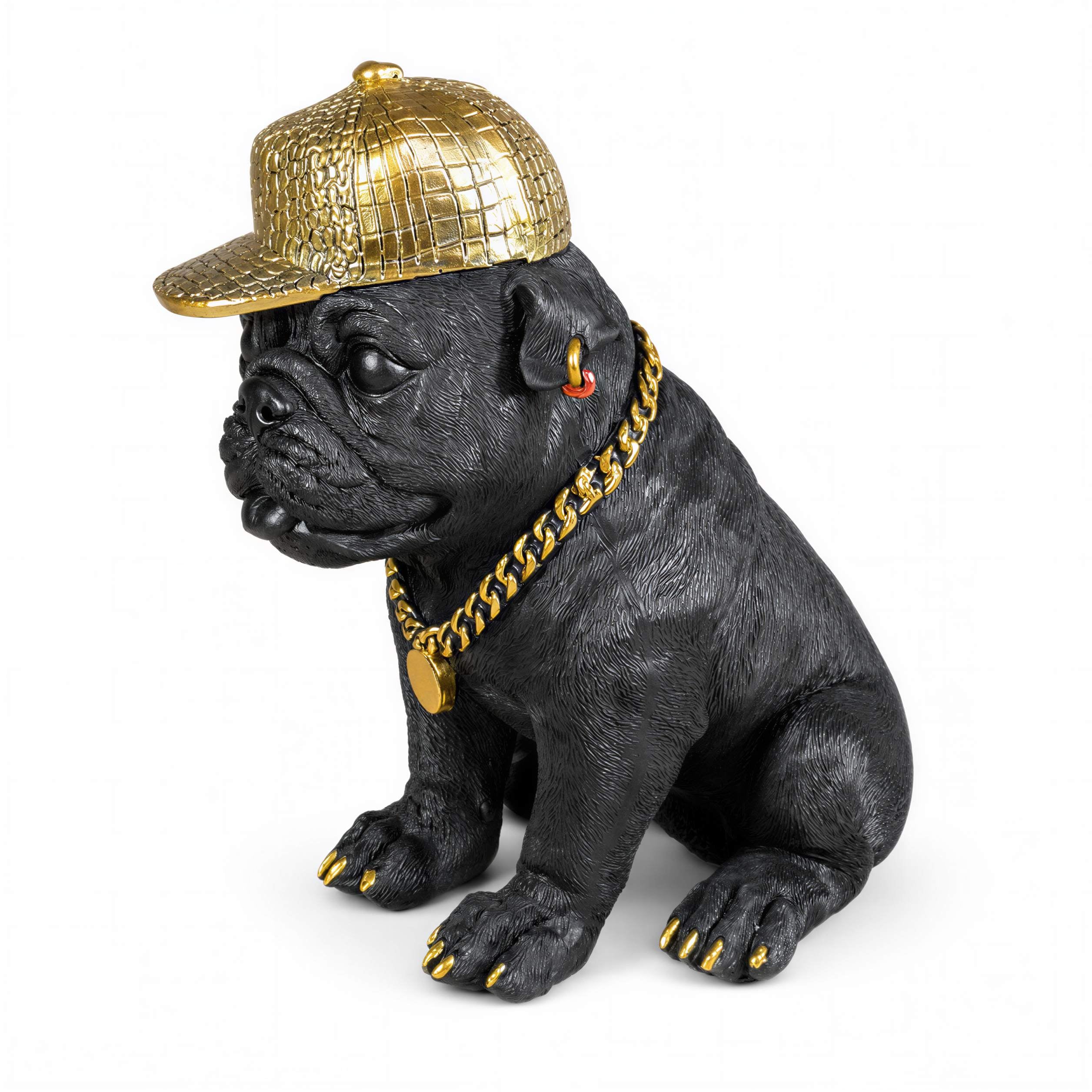 Bulldogge Figur mit Cap Hunde Figur schwarz gold