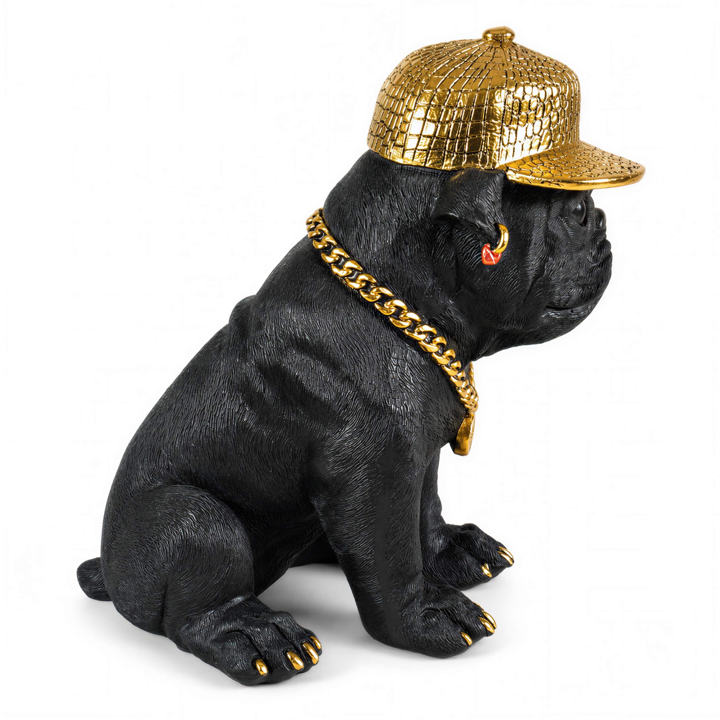 Bulldogge Figur mit Cap Hunde Figur schwarz gold